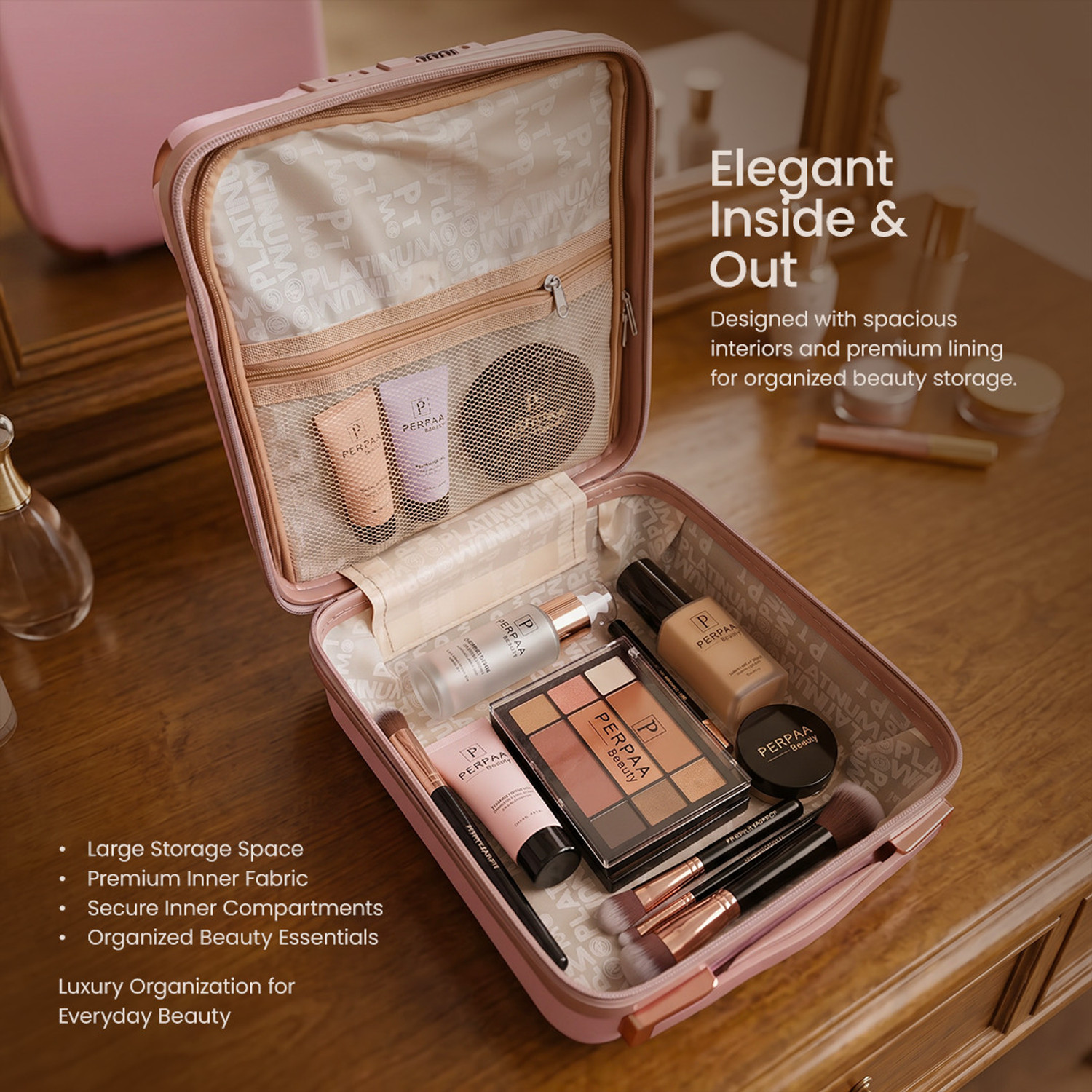 Image of Perpaa Platinum Vanity Organizer Box for Women Waterproof Makeup Jewellery Storage Case with Built-in Code Lock | Portable Travel Cosmetic Organizer Vanity Box