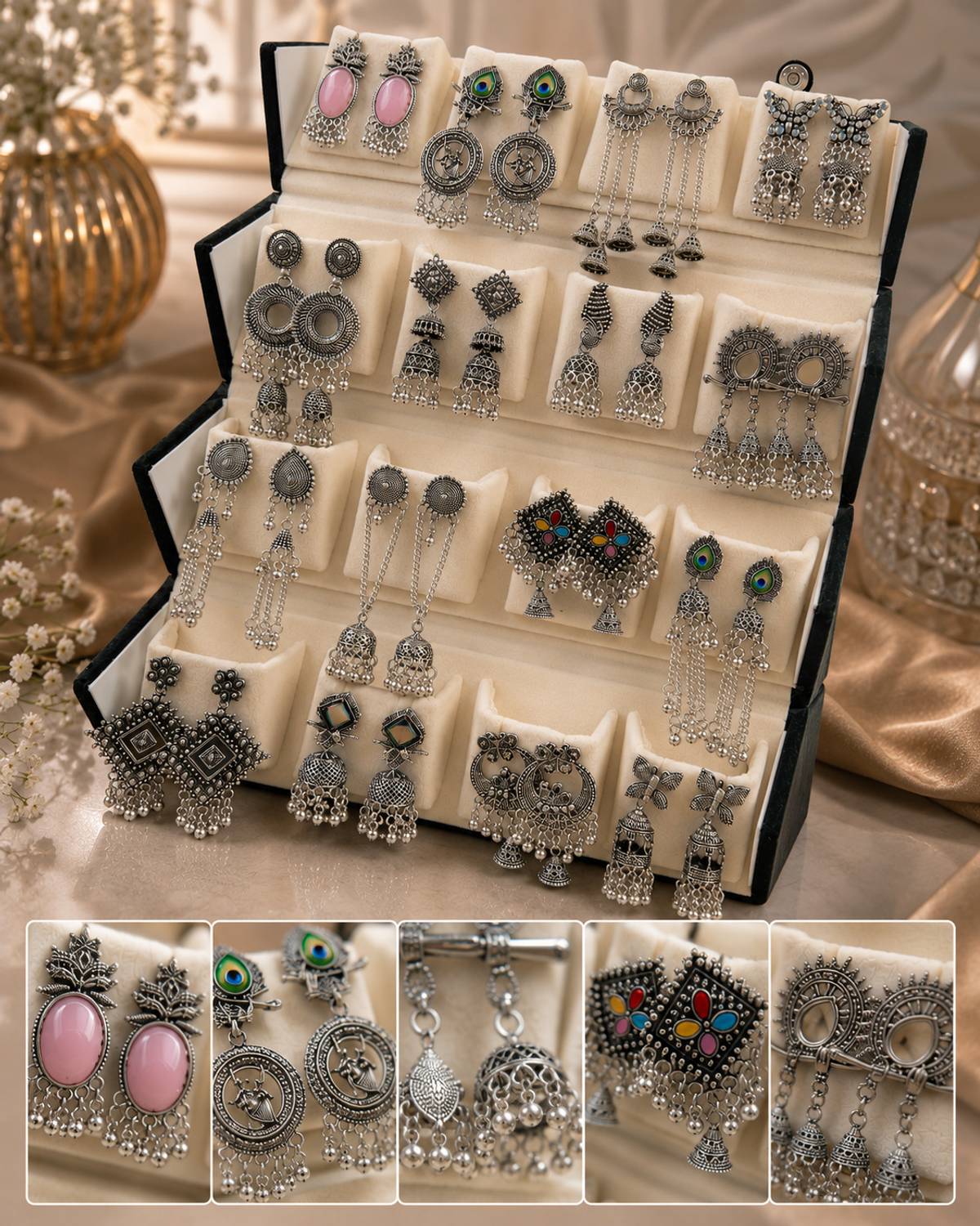Premium 16 Pair Earring Organizer Jhumka Storage Case WIth Earring फॉर वुमन एंड गर्ल गिफ्ट, (ज्वेलरी इन्क्लुडेड) वैनिटी बॉक्स - Image 2