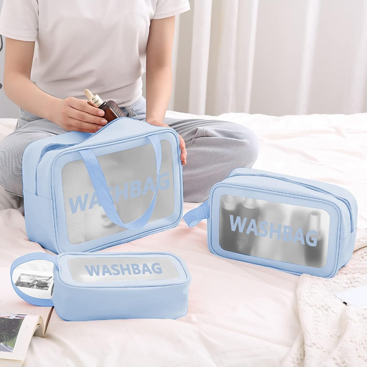 Image of RRK 3-pieces Wash Bag Transparent Cosmetic Bag, Waterproof Makeup Bag Set Function refers to the purpose of Vanity Box. Makeup, Makeup and Jewellery, etc. Vanity Box