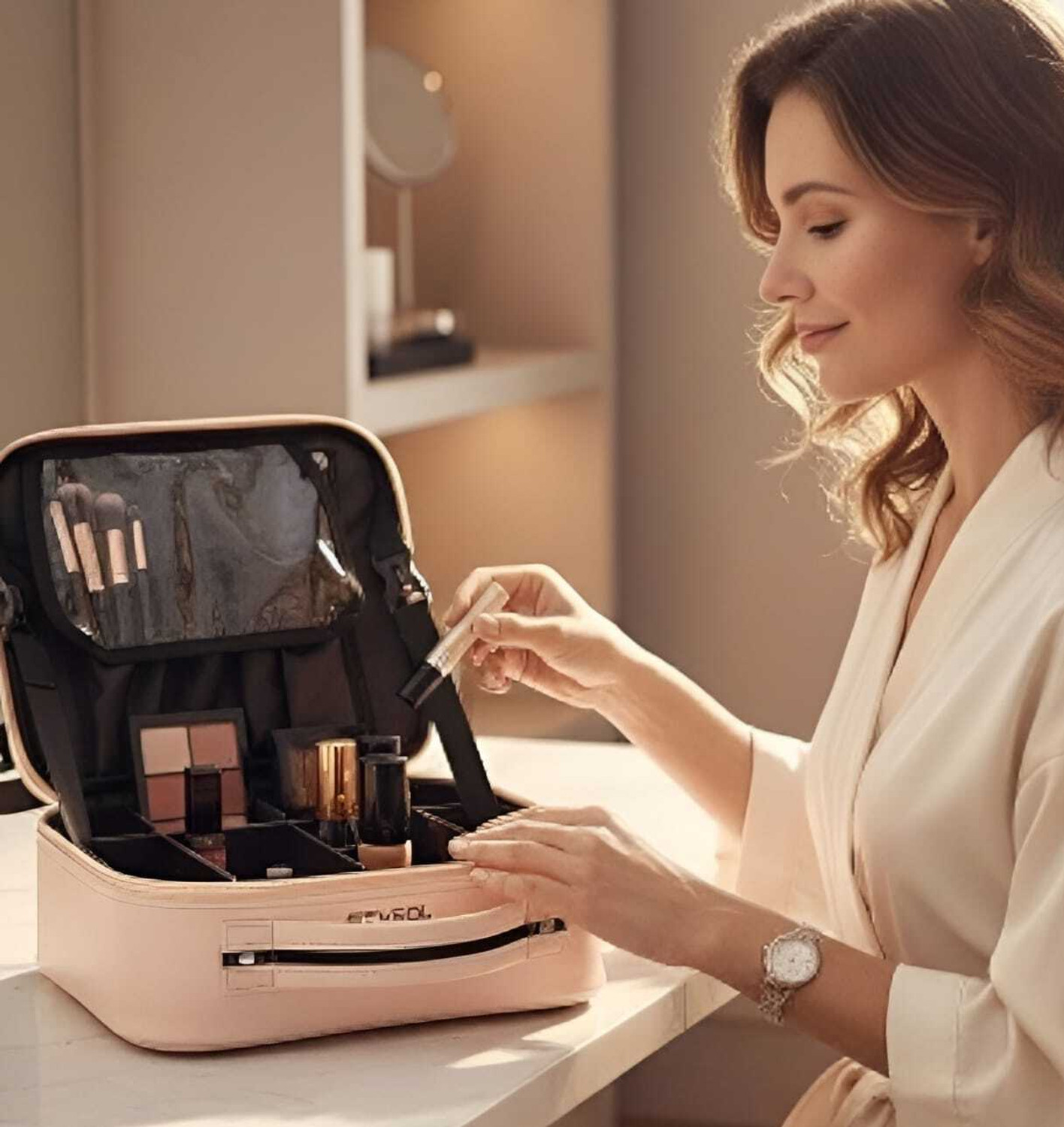 Image of Stysol Portable Cosmetic Organizer with Shoulder Straps Multi Functional Cosmetic Bag Make up, Jewelry, Toiletries, Shaving Kit Vanity Box