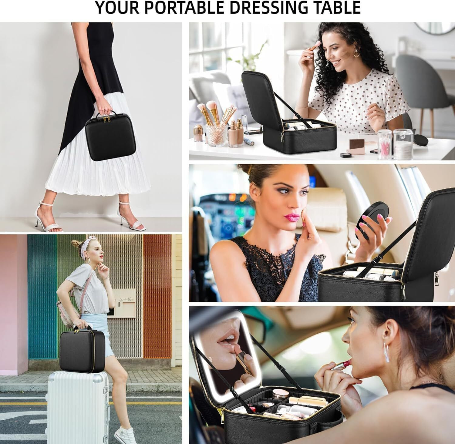 Image of GRANTHI ENTERPRISE Makeup Storage Box with LED Light Mirror- Portable Travel Makeup box Built in 2000MAh Battery, 3 Light Setting - Natural Light, Cold Light & Warm Light Vanity Box (Black)
