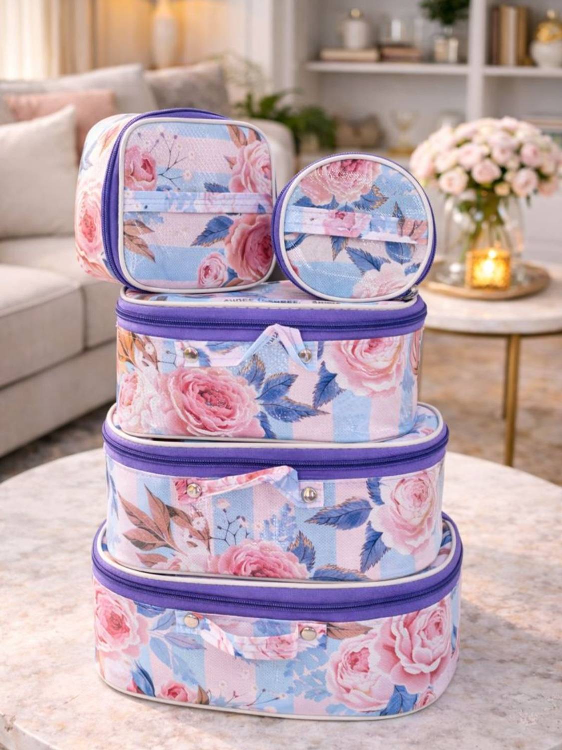 Ajabh Premium 5-in-1 Pink Striped Multipurpose Cosmetic & Travel Storage Box Set Storage Box Vanity Box