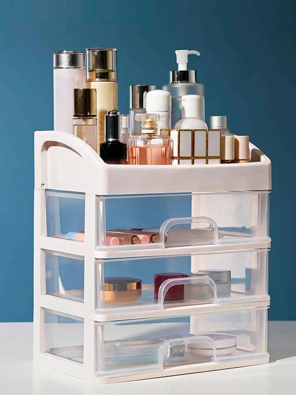Image of BloomKitchen Cosmetic Organisers | Makeup Box Stand with Drawers | Stylish Storage Solution | Cosmetic Organisers for Skincare, Perfume, Lipsticks & Beauty Essentials Vanity Box (Whie)