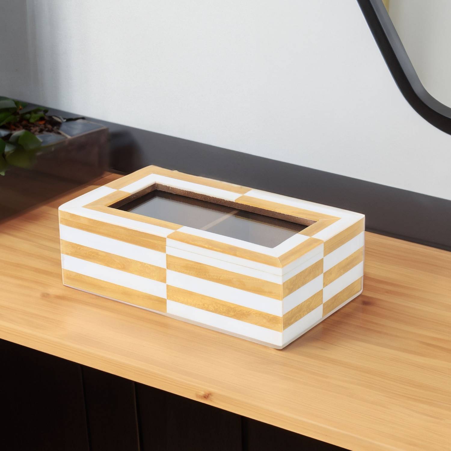 10club Decorative Wooden Rectangular Storage Box | Striped | White & Gold Multi Purpose Vanity Box