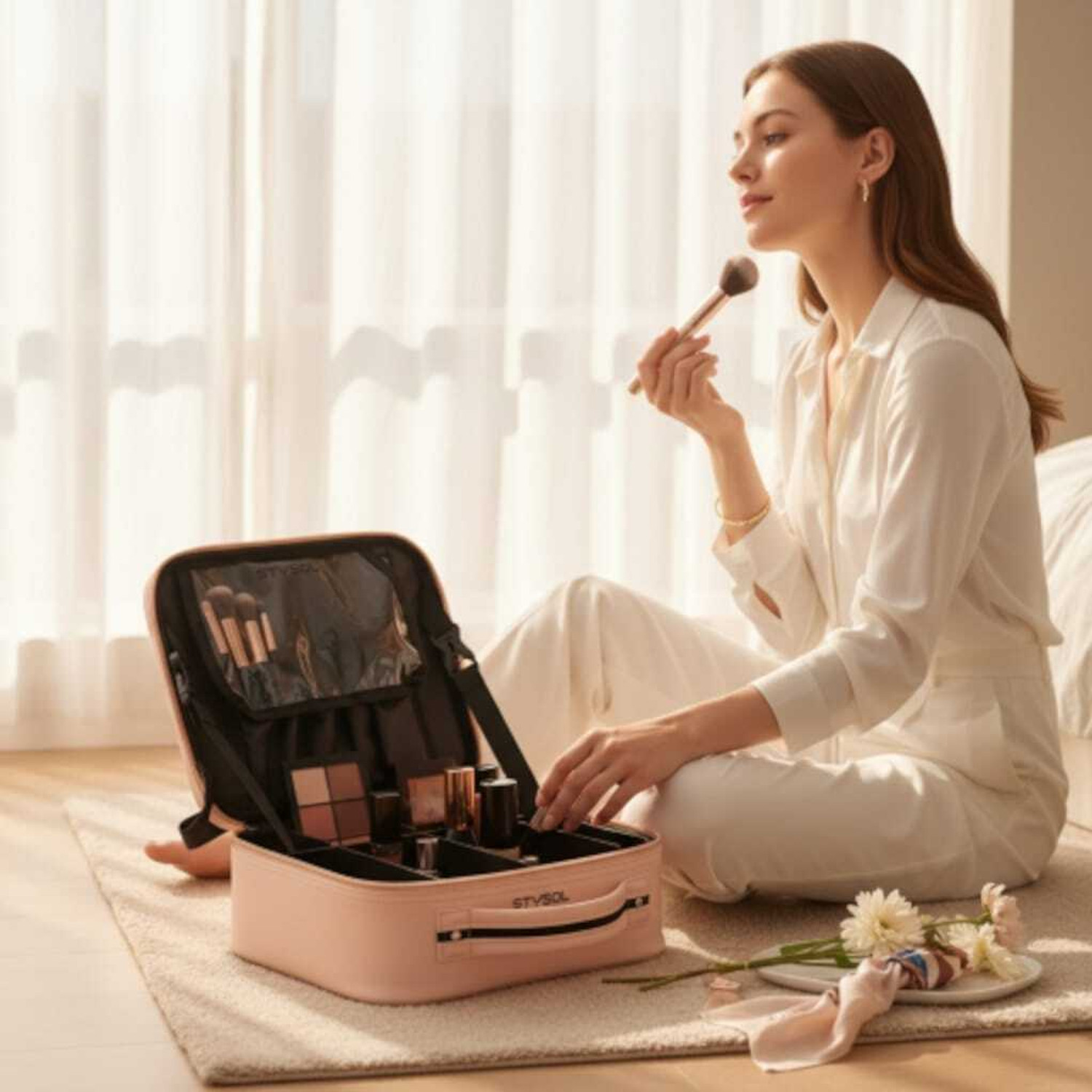 Image of Stysol Portable Cosmetic Organizer with Shoulder Straps Multi Functional Cosmetic Bag Make up, Jewelry, Toiletries, Shaving Kit Vanity Box