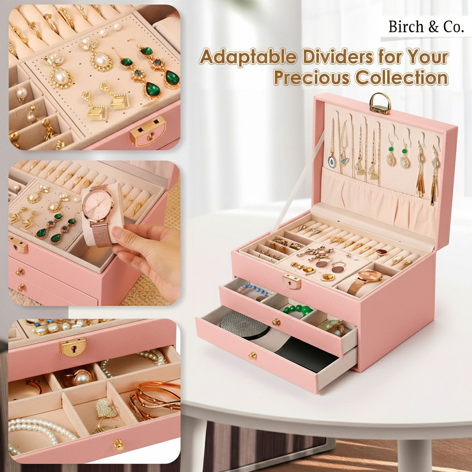 Image of Birch & Co. Jewellery Box-3 Layer organizer, Portable Travel-Friendly Elegant Storage Box Wedding Vanity Box