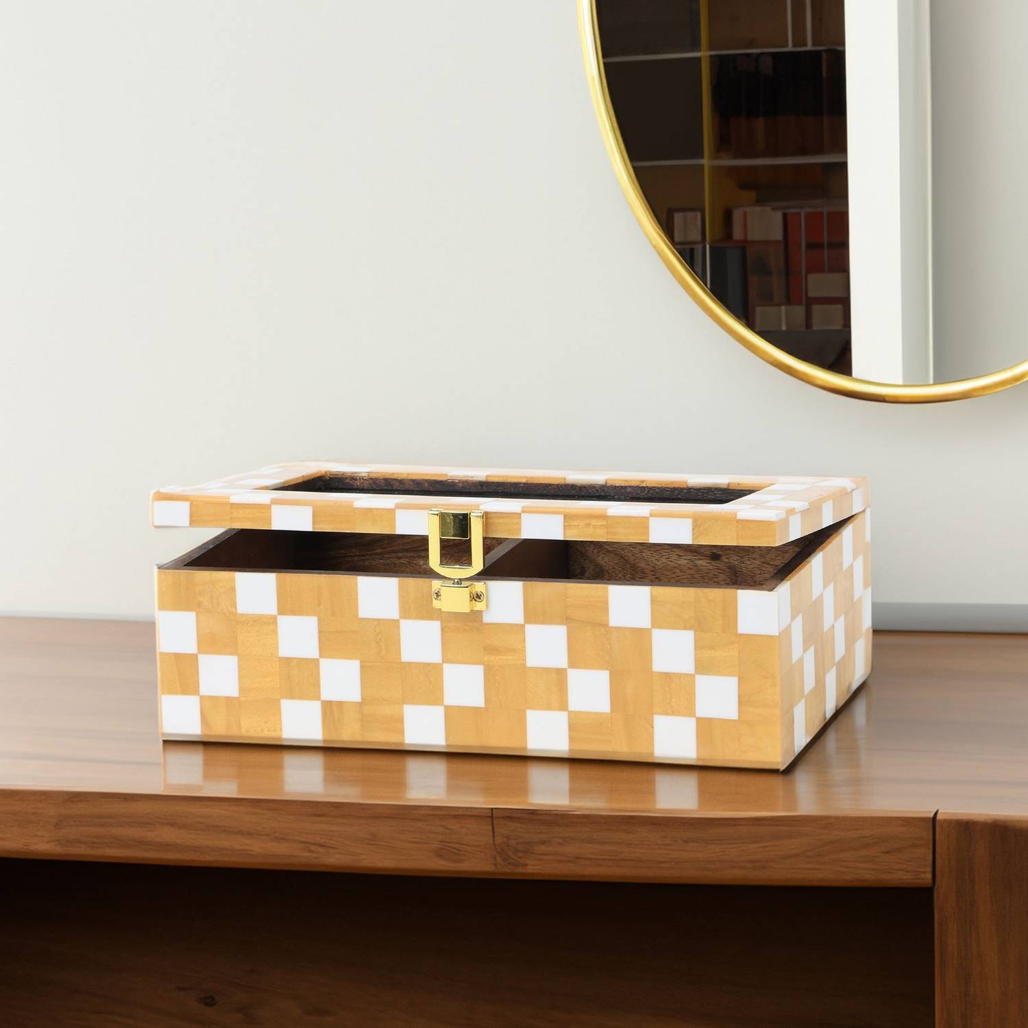 10club Decorative Wooden Rectangular Storage Box with Lock | Checkered White & Gold Multi Purpose Vanity Box