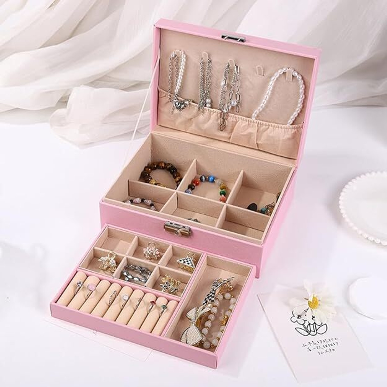 Image of QONETIC Lockable 2 Layer Jewelry Storage Box for Rings Earrings and Necklaces Jewellery Box for Multiple Jewelry Vanity Box