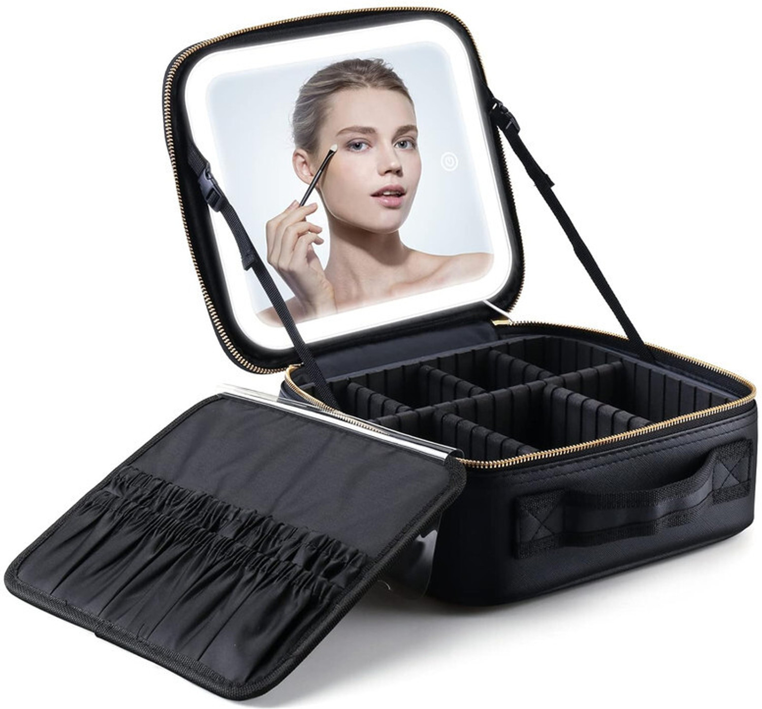 Image of GRANTHI ENTERPRISE Makeup Storage Box with LED Light Mirror- Portable Travel Makeup box Built in 2000MAh Battery, 3 Light Setting - Natural Light, Cold Light & Warm Light Vanity Box (Black)