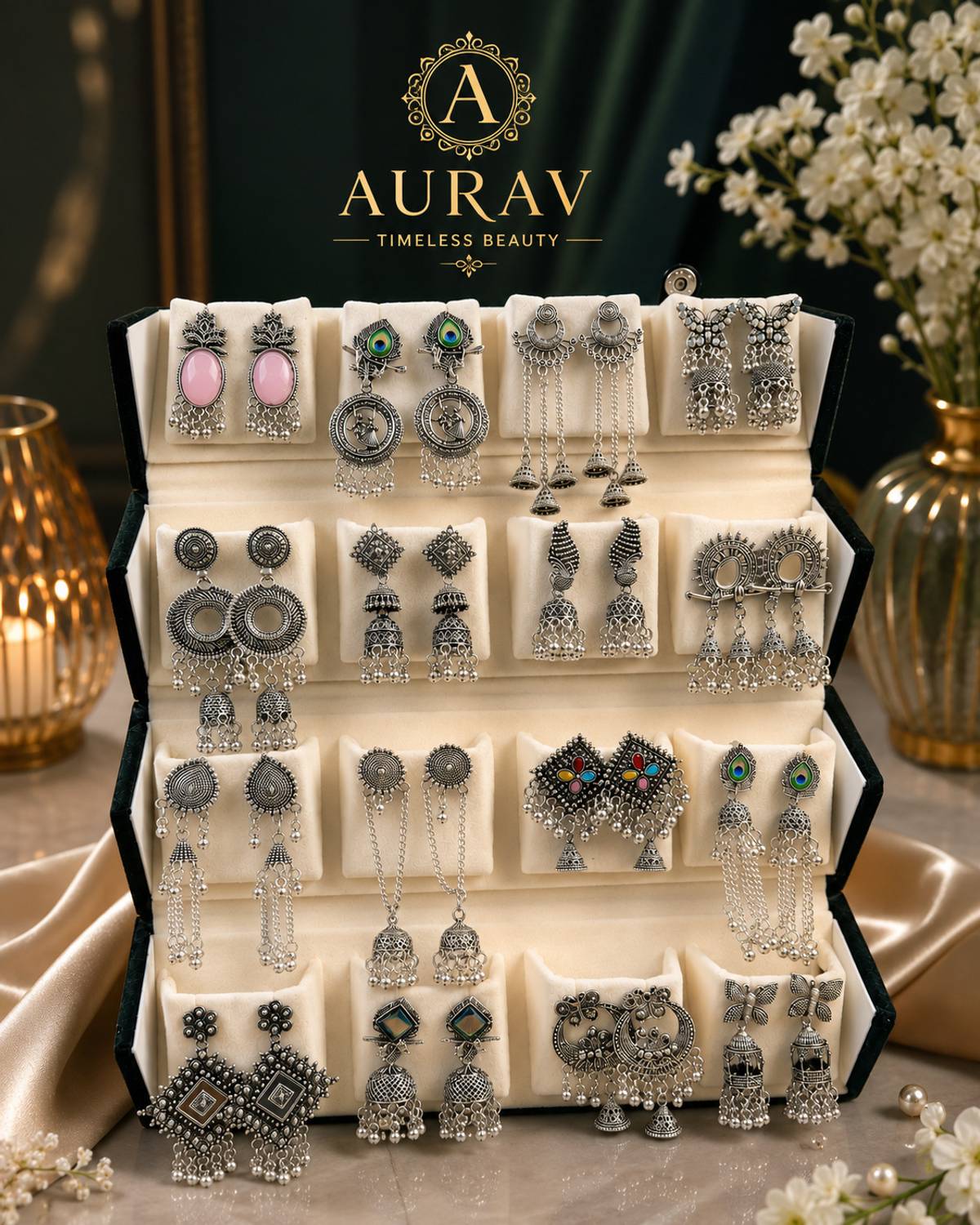 Premium 16 Pair Earring Organizer Jhumka Storage Case WIth Earring फॉर वुमन एंड गर्ल गिफ्ट, (ज्वेलरी इन्क्लुडेड) वैनिटी बॉक्स - Image 1