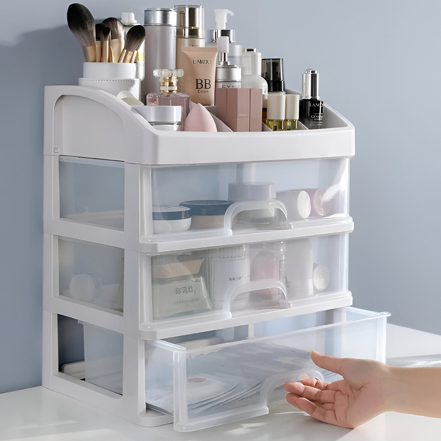 Image of BloomKitchen Cosmetic Organisers | Makeup Box Stand with Drawers | Stylish Storage Solution | Cosmetic Organisers for Skincare, Perfume, Lipsticks & Beauty Essentials Vanity Box (Whie)