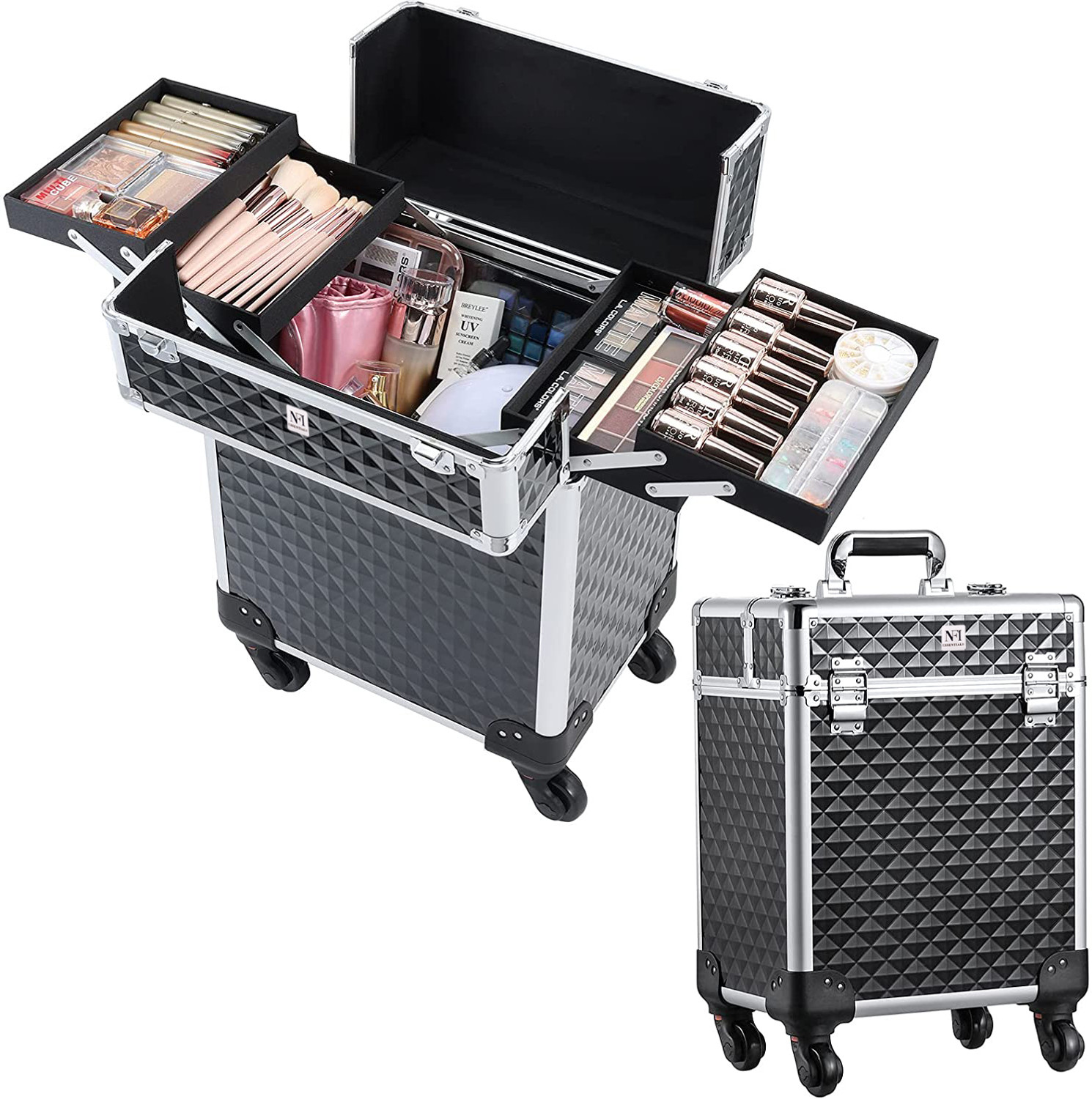 Image of NFI essentials Makeup Train Case Large Cosmetic Trolley Organized Aluminum Barber Case for Hairstylist Makeup Nail Tech Salon with Keys Swivel Wheels Traveling Cart Trunk Makeup Vanity Box