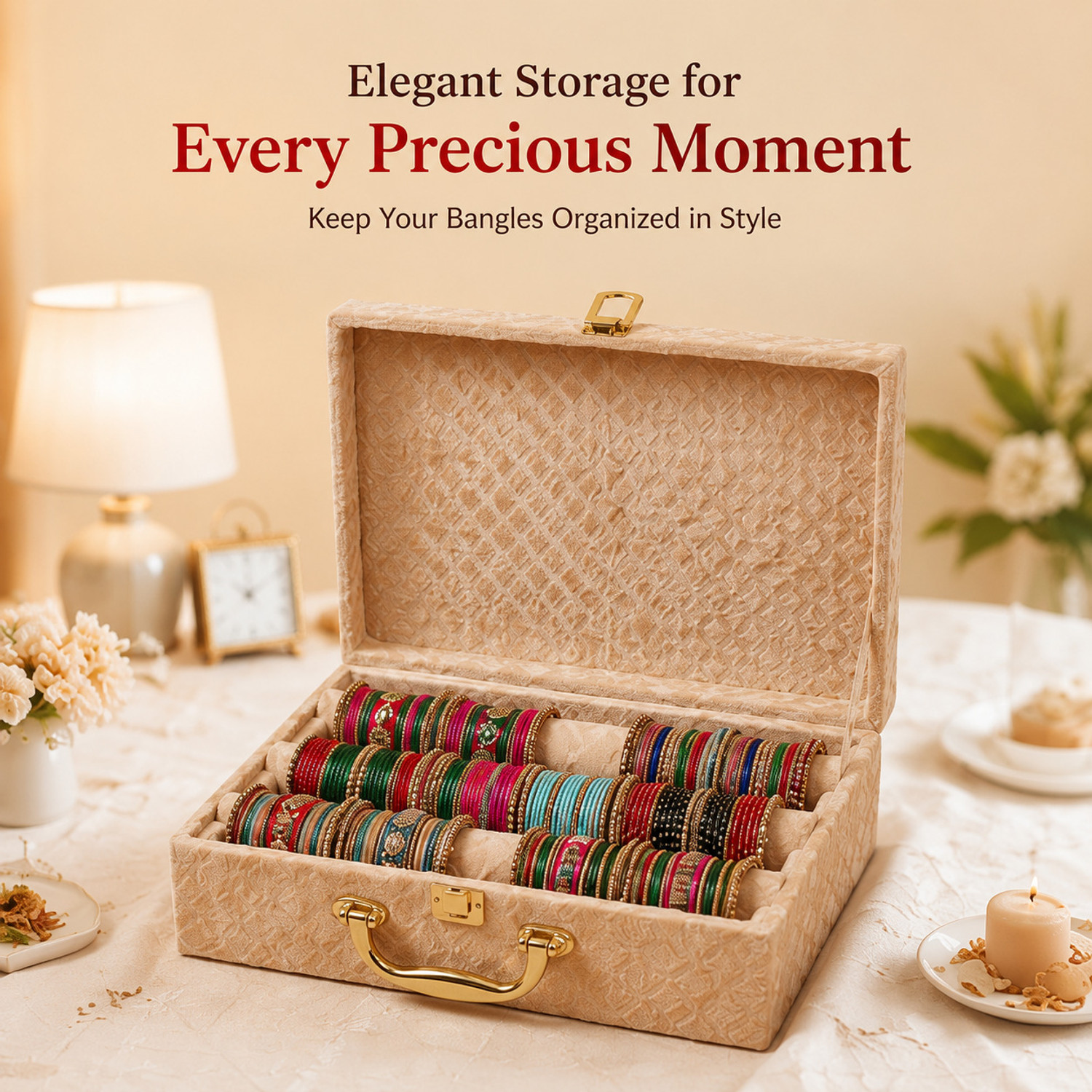 Image of Bubs Spun Premium Velvet Bangle Organizer Box Bangle Storage & Organization, Bangle & Bracelet Organizer, Bridal Bangle Storage Vanity Box (Beige)