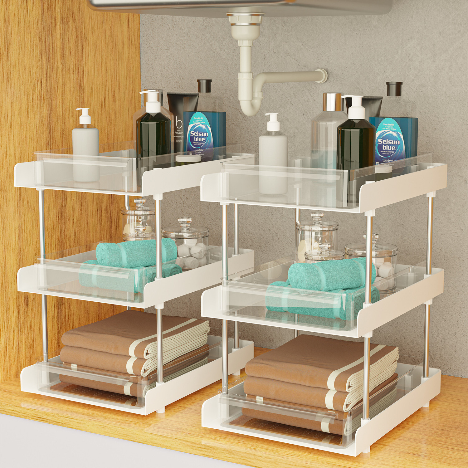 Image of KUBER INDUSTRIES 2 Pcs Clear Sliding 3-Layer Makeup Drawer Storage Organizer Box\Stand | White Storage Organizer Box Vanity Box