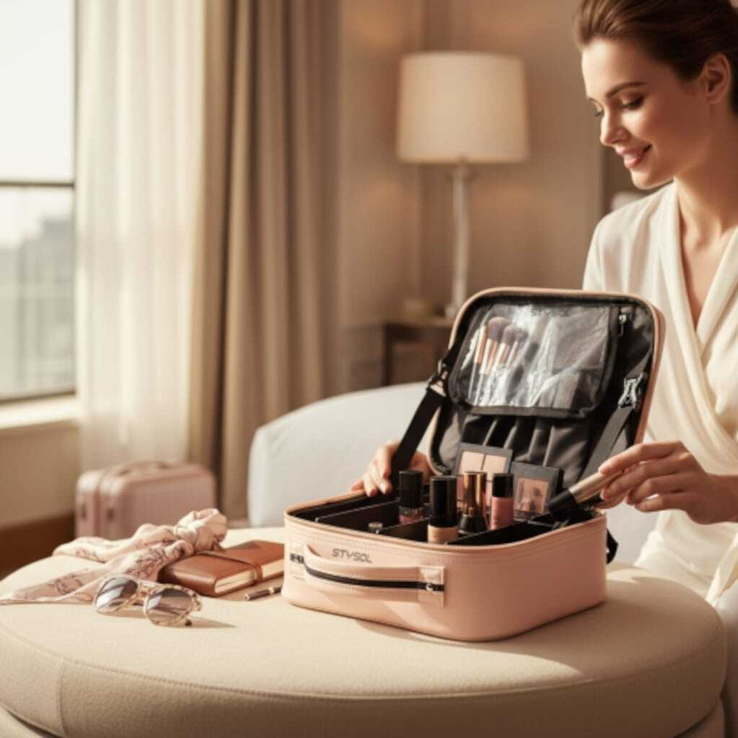 Image of Stysol Portable Cosmetic Organizer with Shoulder Straps Multi Functional Cosmetic Bag Make up, Jewelry, Toiletries, Shaving Kit Vanity Box