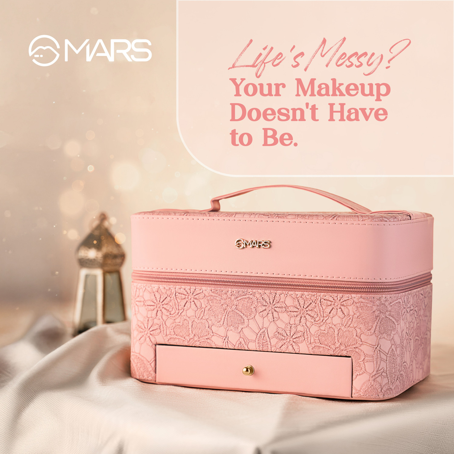 Image of MARS Vanity Makeup Bag with Built-in Mirror Portable Vanity Box Organizer for Makeup & Beauty Tools Vanity Box (Pink)