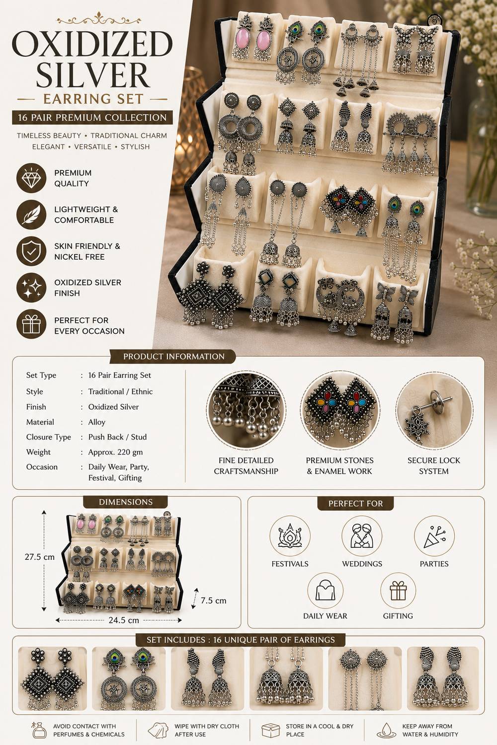 Premium 16 Pair Earring Organizer Jhumka Storage Case WIth Earring फॉर वुमन एंड गर्ल गिफ्ट, (ज्वेलरी इन्क्लुडेड) वैनिटी बॉक्स - Image 3