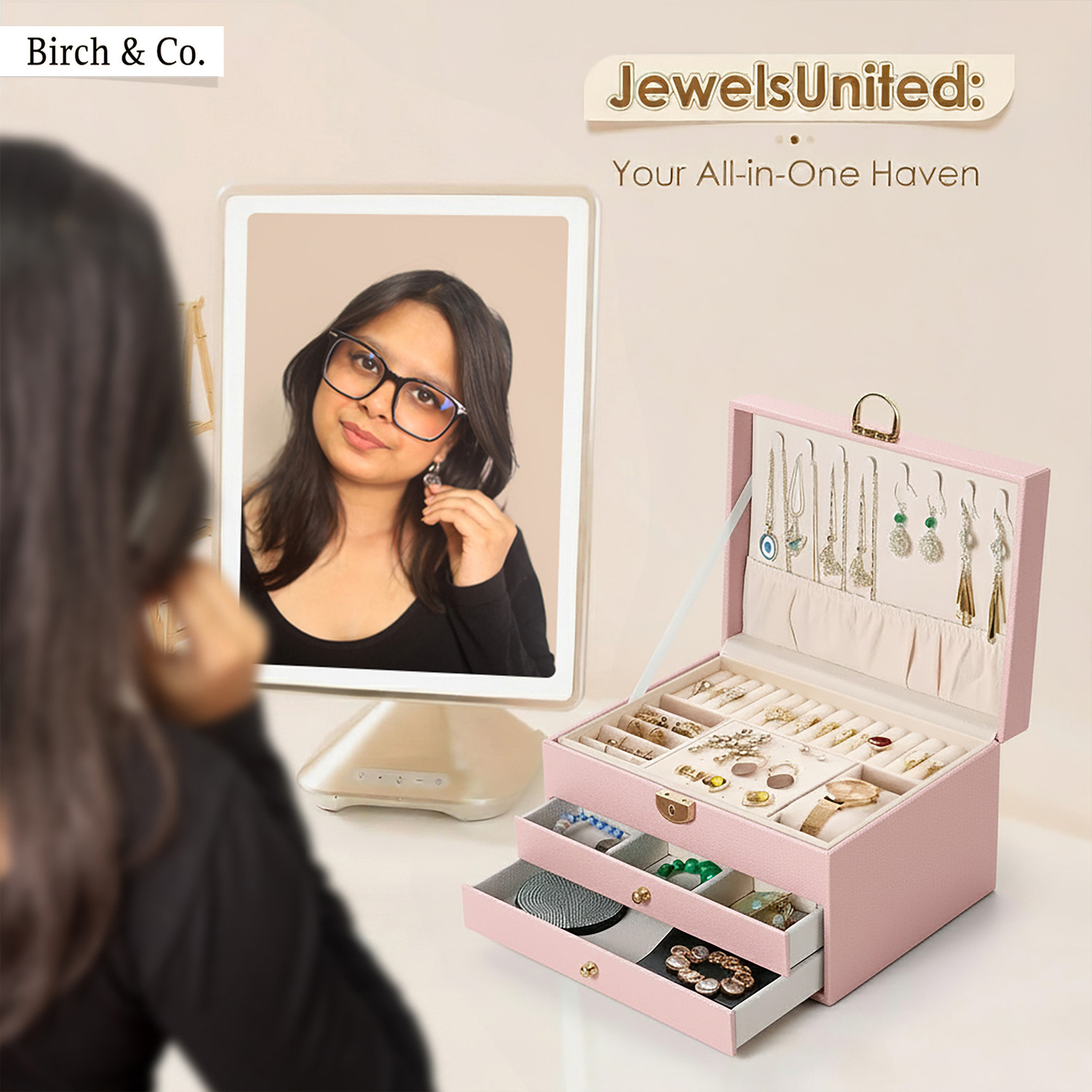 Image of Birch & Co. Jewellery Box-3 Layer organizer, Portable Travel-Friendly Elegant Storage Box Wedding Vanity Box