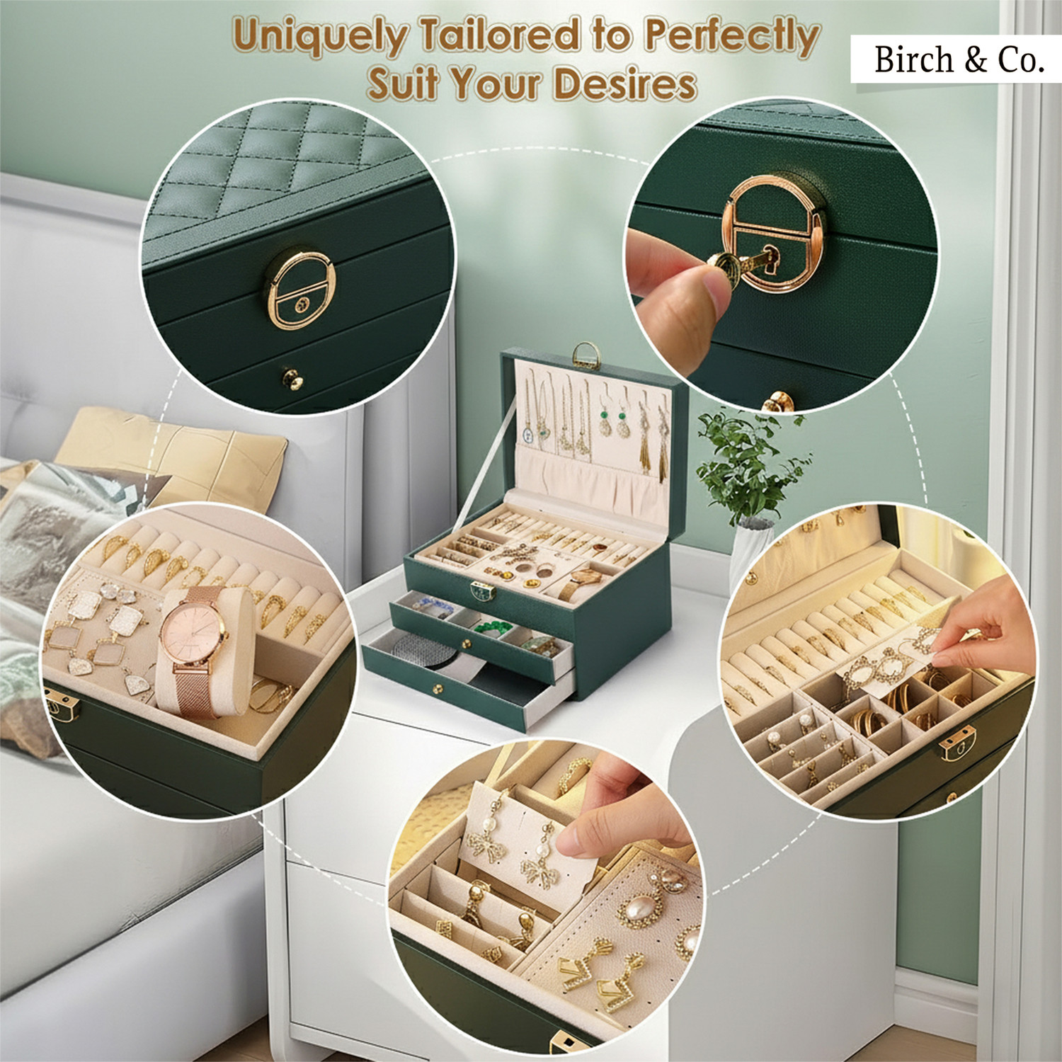 Image of Birch & Co. Jewellery Box-3 Layer organizer, Portable Travel-Friendly Elegant Storage Box Wedding Vanity Box