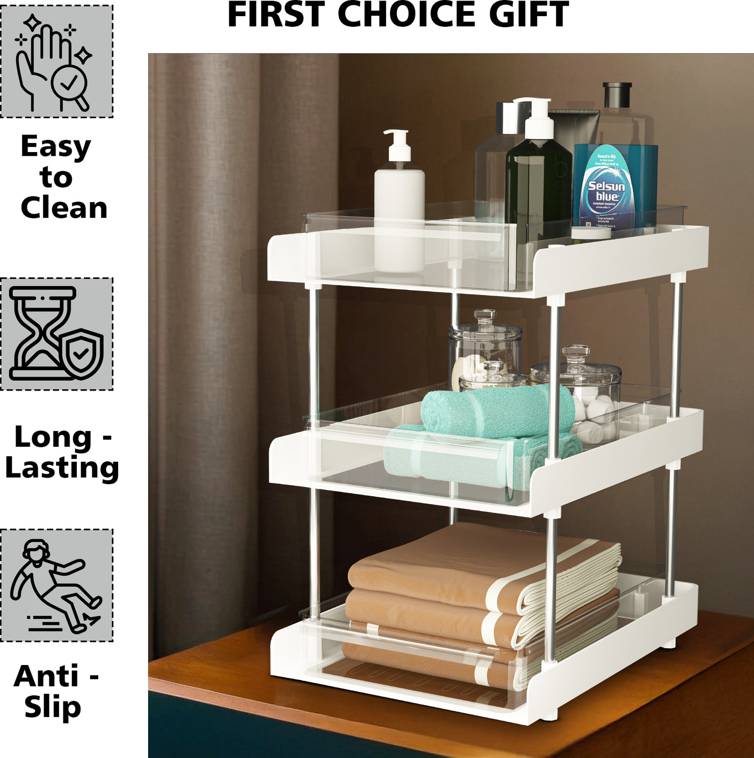 Image of KUBER INDUSTRIES 2 Pcs Clear Sliding 3-Layer Makeup Drawer Storage Organizer Box\Stand | White Storage Organizer Box Vanity Box