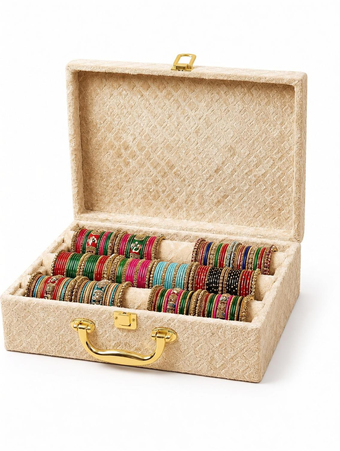 Image of Bubs Spun Premium Velvet Bangle Organizer Box Bangle Storage & Organization, Bangle & Bracelet Organizer, Bridal Bangle Storage Vanity Box (Beige)