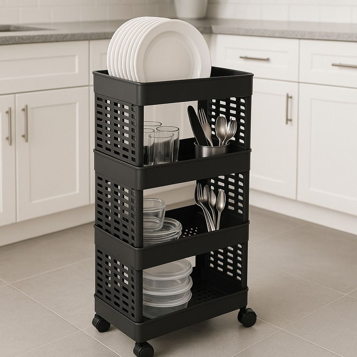 Image of MAXTID 4 Layer Black Dish Rack Kitchen Trolly Plastic Cutlery Kitchen Box Vanity Box