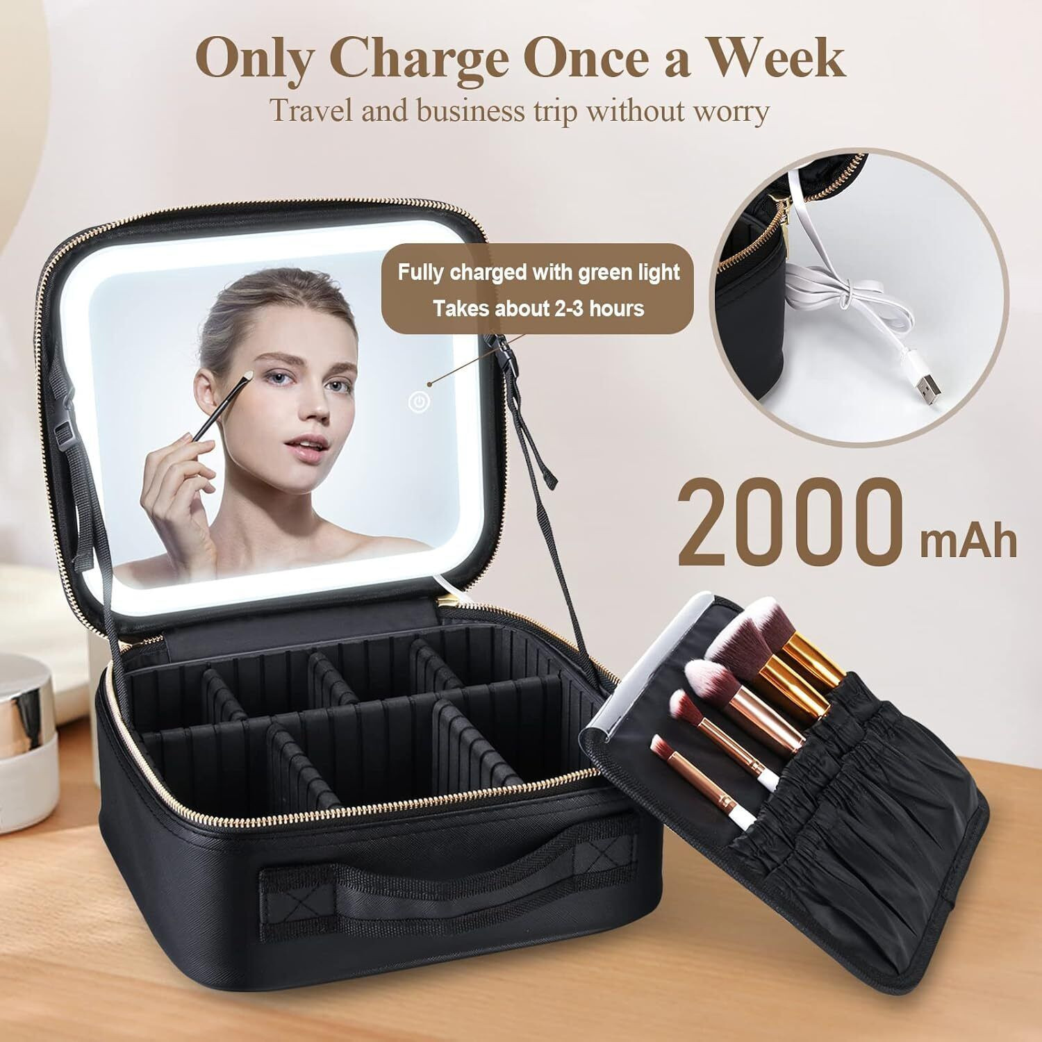 Image of GRANTHI ENTERPRISE Makeup Storage Box with LED Light Mirror- Portable Travel Makeup box Built in 2000MAh Battery, 3 Light Setting - Natural Light, Cold Light & Warm Light Vanity Box (Black)