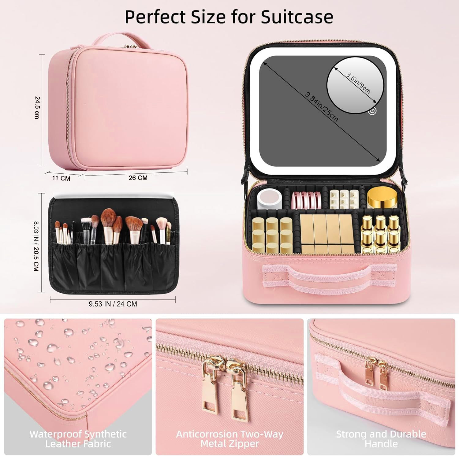 Image of inovera Makeup Organizer Bag - Travel Cosmetic Kit with Mirror & Compartments with Removable 3 LED Lighting Mirror and Adjustable Compartments Travel Toiletry Vanity Box
