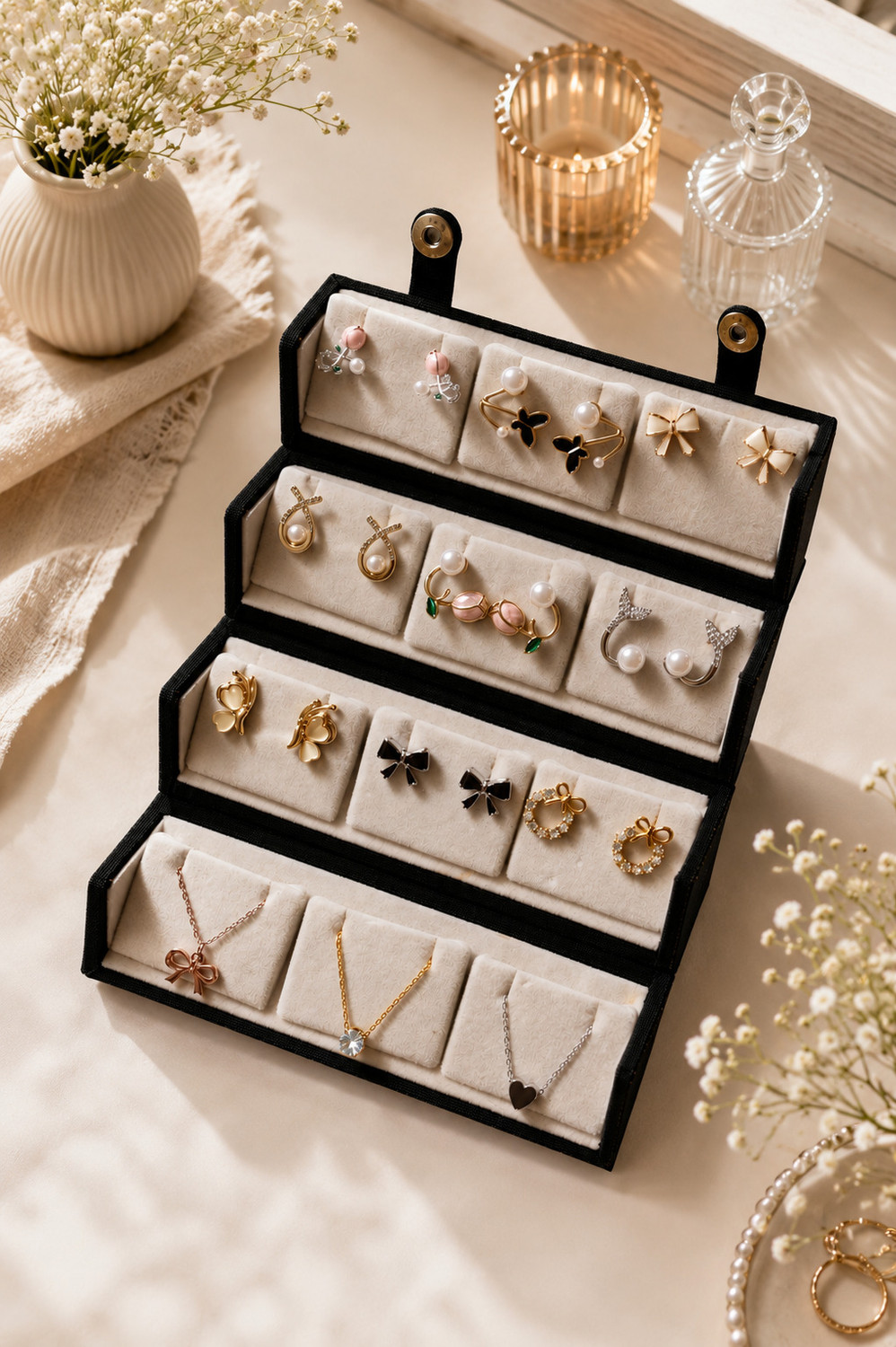 Image of Dressystore 12 Pair korean earnings studs with chain, Jewelry Storage box, earring for women Multi layer earrings organizer storage box Vanity Box