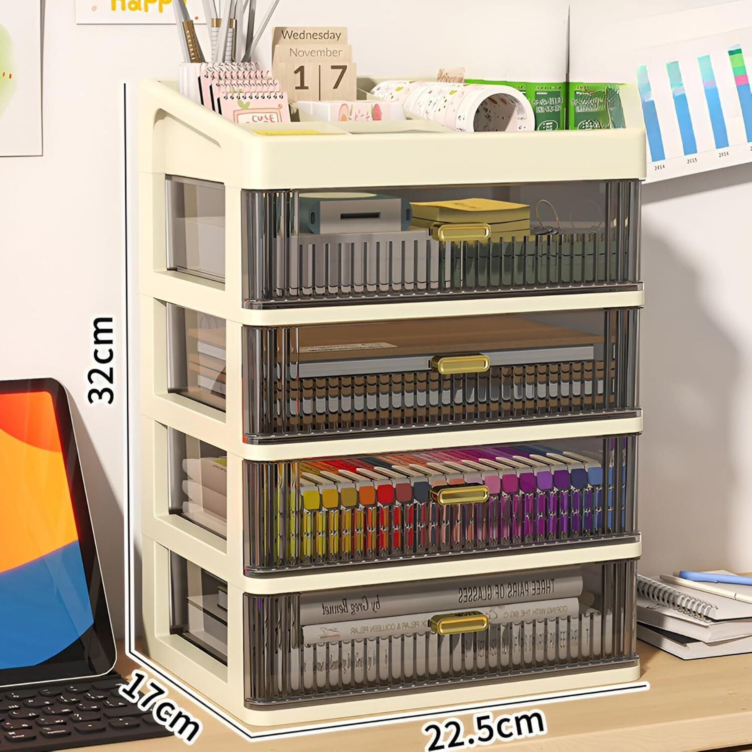 Image of HomeQueen Organizer Plastic Storage Box with Sliding Drawer for Cosmetics and Jewellery 4 Compartment Vanity Box