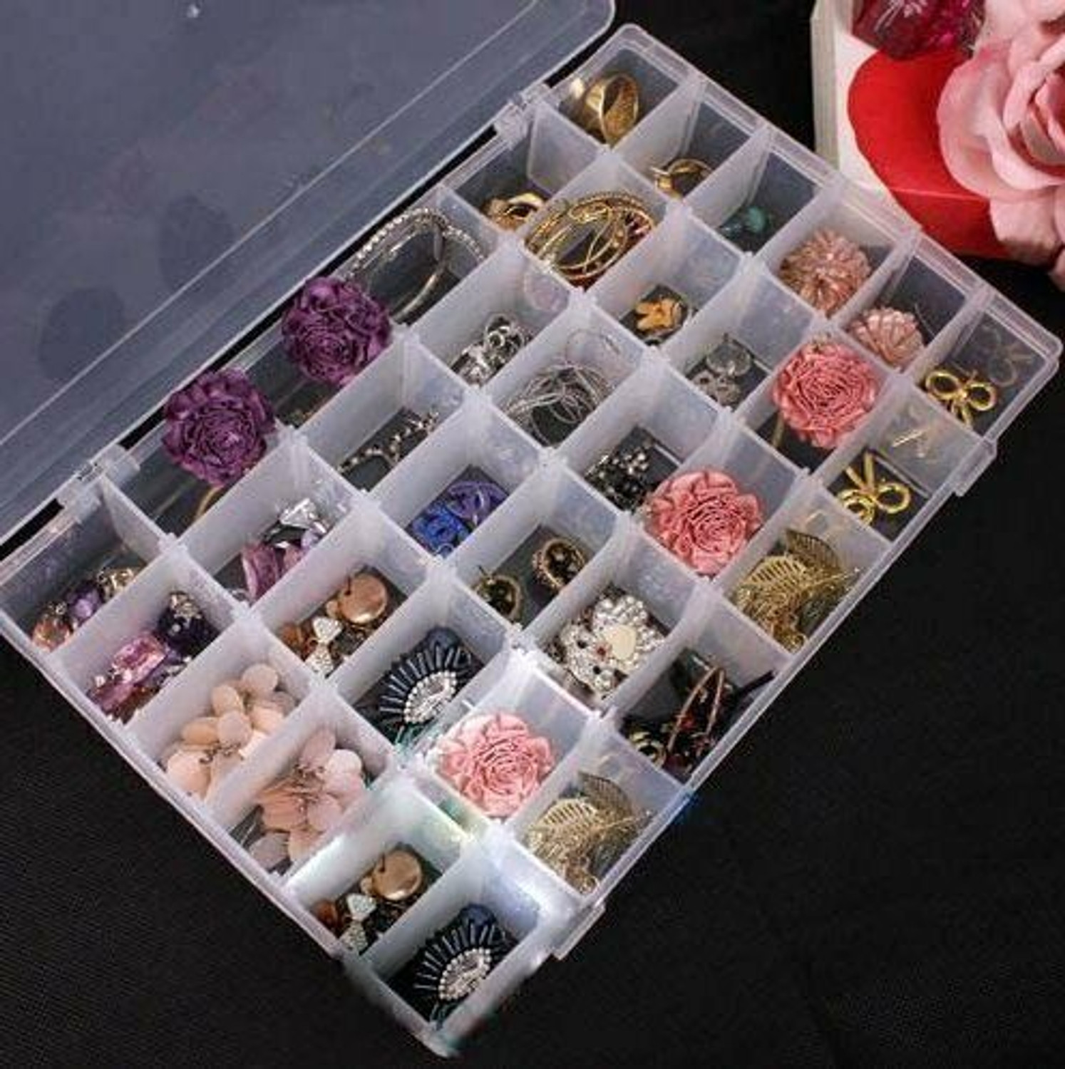 Image of FosCadit 36 Grids Clear Plastic Storage Box with Adjustable Dividers Organizer Pills Drugs Earrings Bead Jewelry Small Storage Box Case 36 Grids Clear Plastic Storage Box Vanity Box