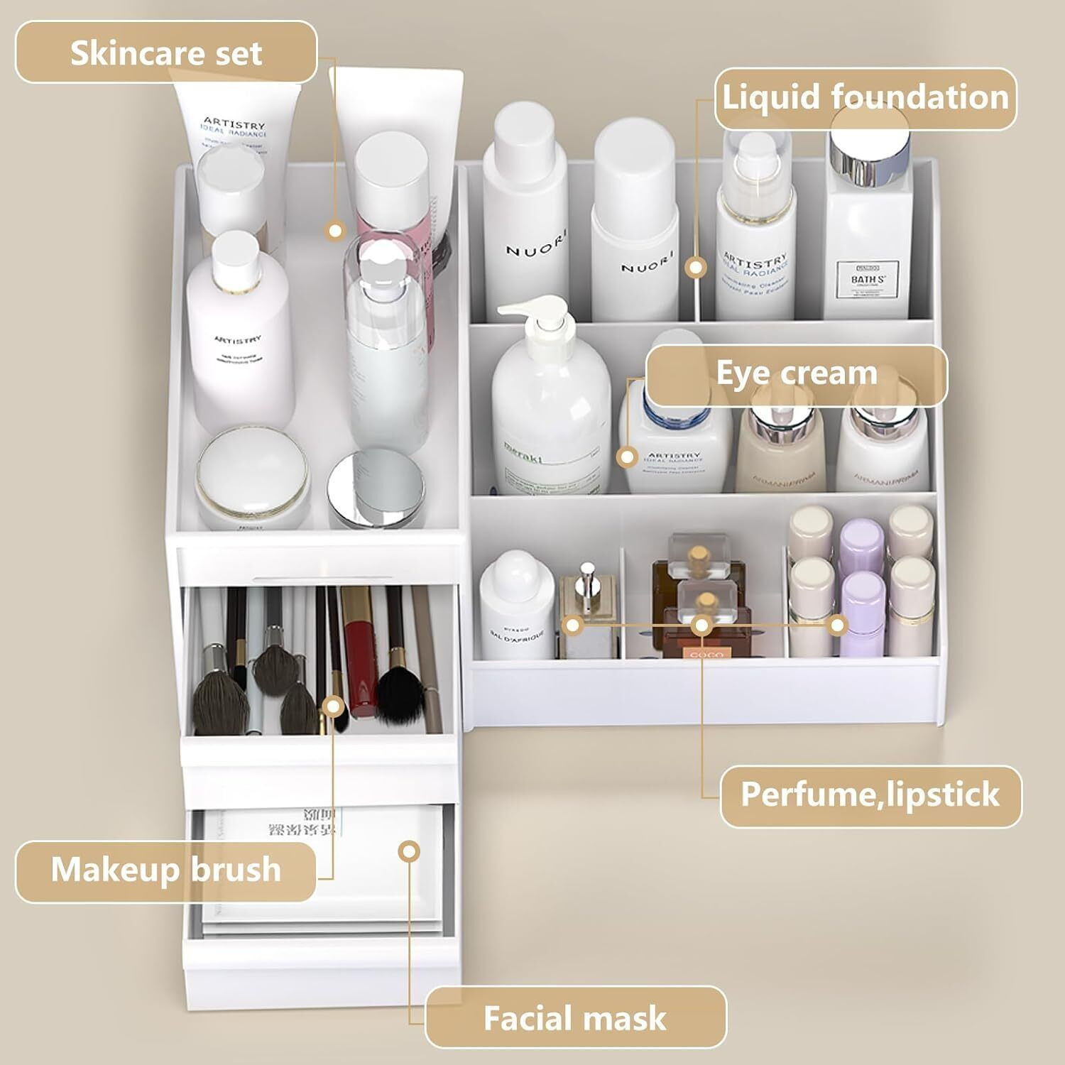Image of inovera Makeup Organizer with Drawers Countertop Cosmetics Display Case for Dressing Table Vanity Box