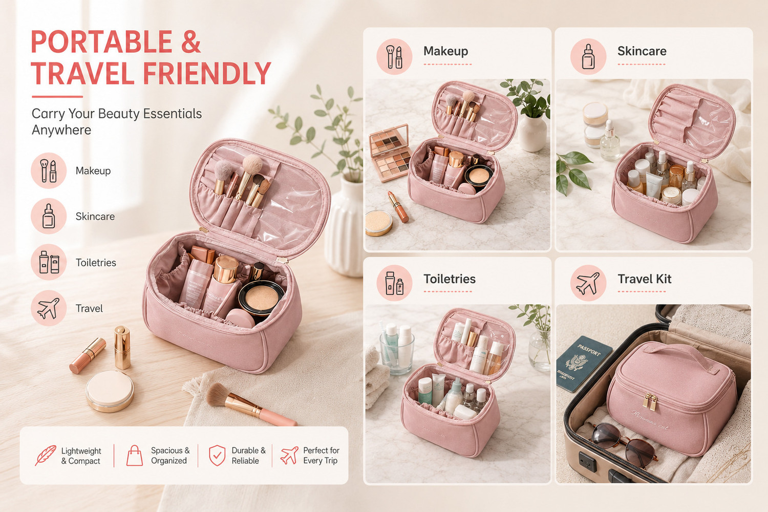 Image of heboo Makeup Bags Combo (Set of 2) | Travel Toiletry Organizer Makeup Bag for Women Cosmetic Bag