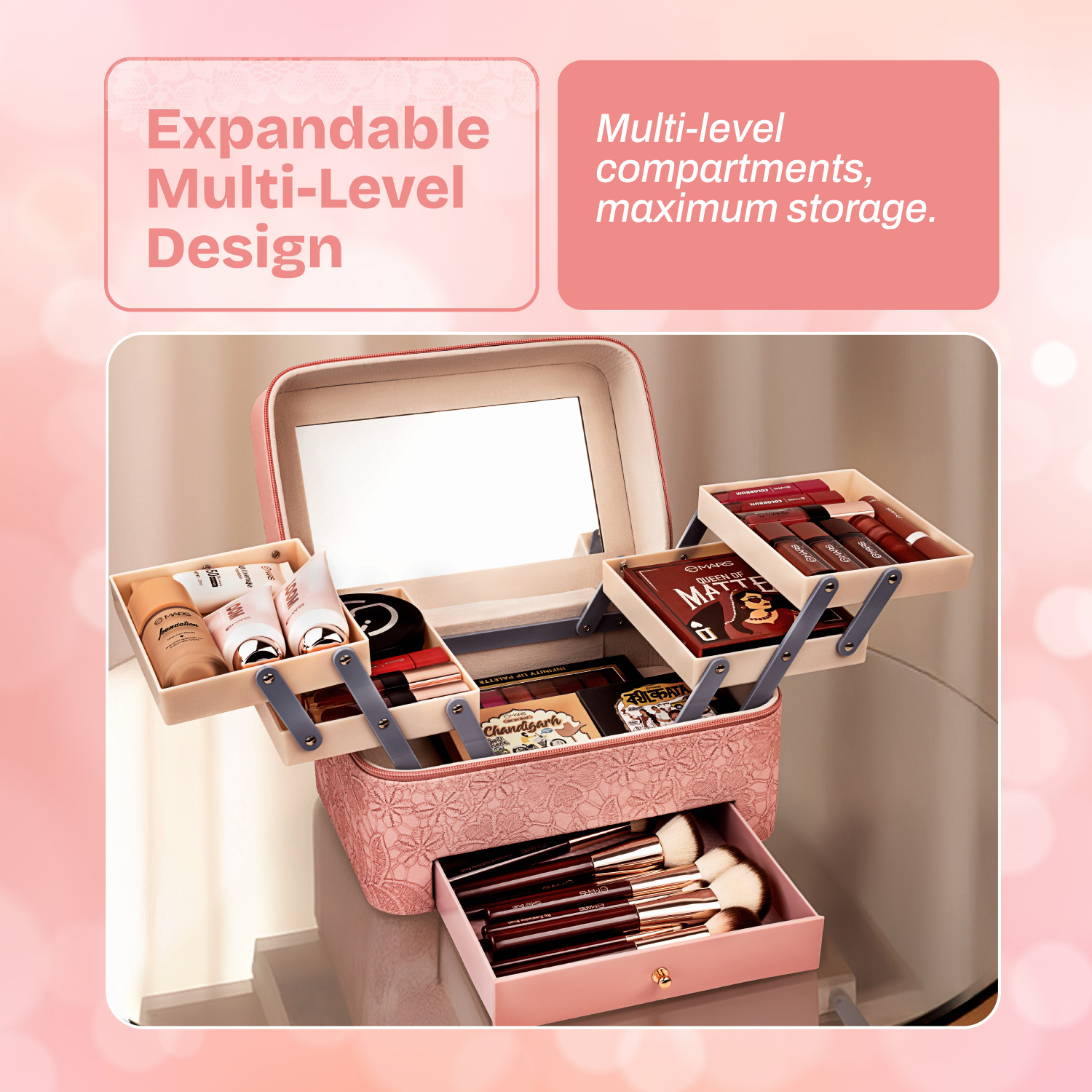 Image of MARS Vanity Makeup Bag with Built-in Mirror Portable Vanity Box Organizer for Makeup & Beauty Tools Vanity Box (Pink)