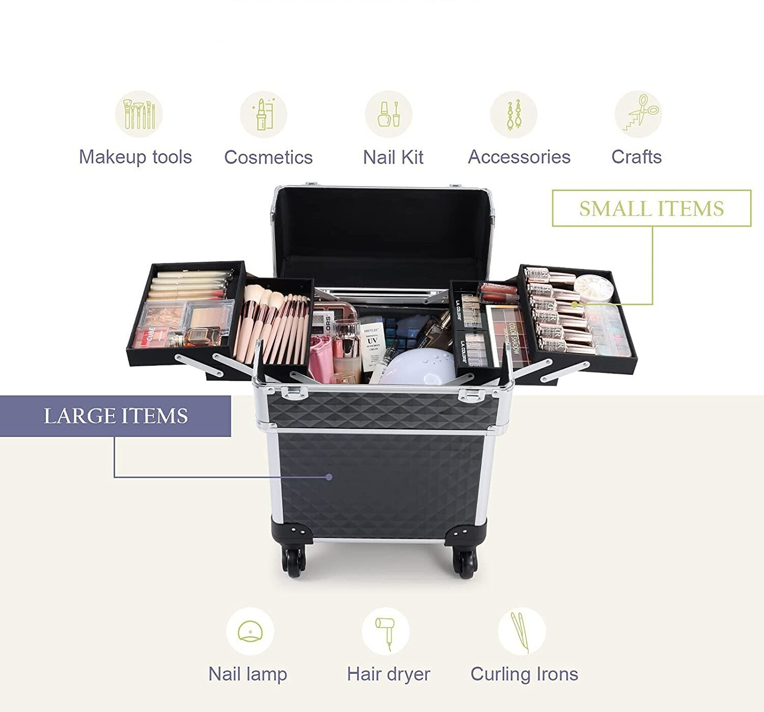 Image of NFI essentials Makeup Train Case Large Cosmetic Trolley Organized Aluminum Barber Case for Hairstylist Makeup Nail Tech Salon with Keys Swivel Wheels Traveling Cart Trunk Makeup Vanity Box