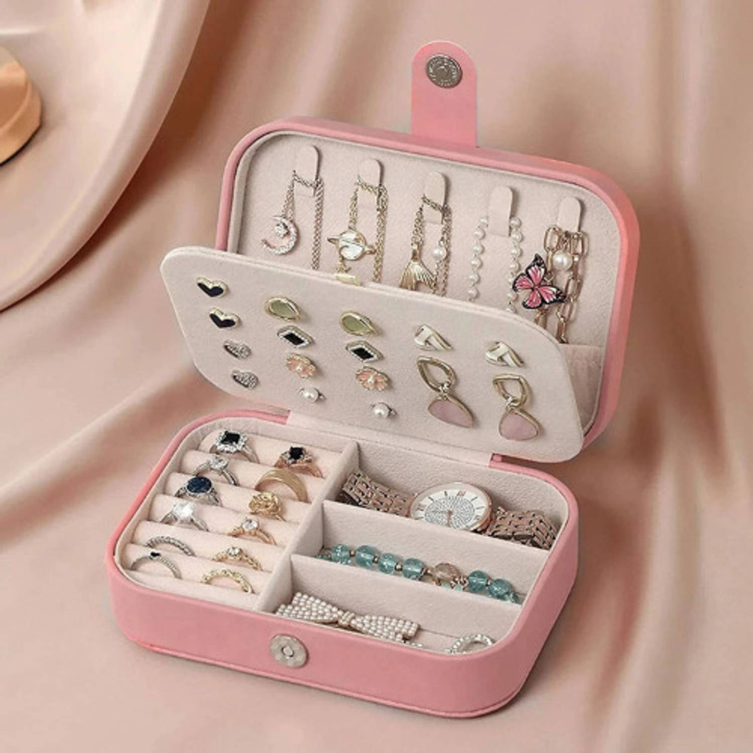 Ashmakam Jewellery Box Organizer for Accessories, Compact Jewelry Storage Organizes rings & earrings, Soft velvet & zipper protection, Compact travel design Vanity Box