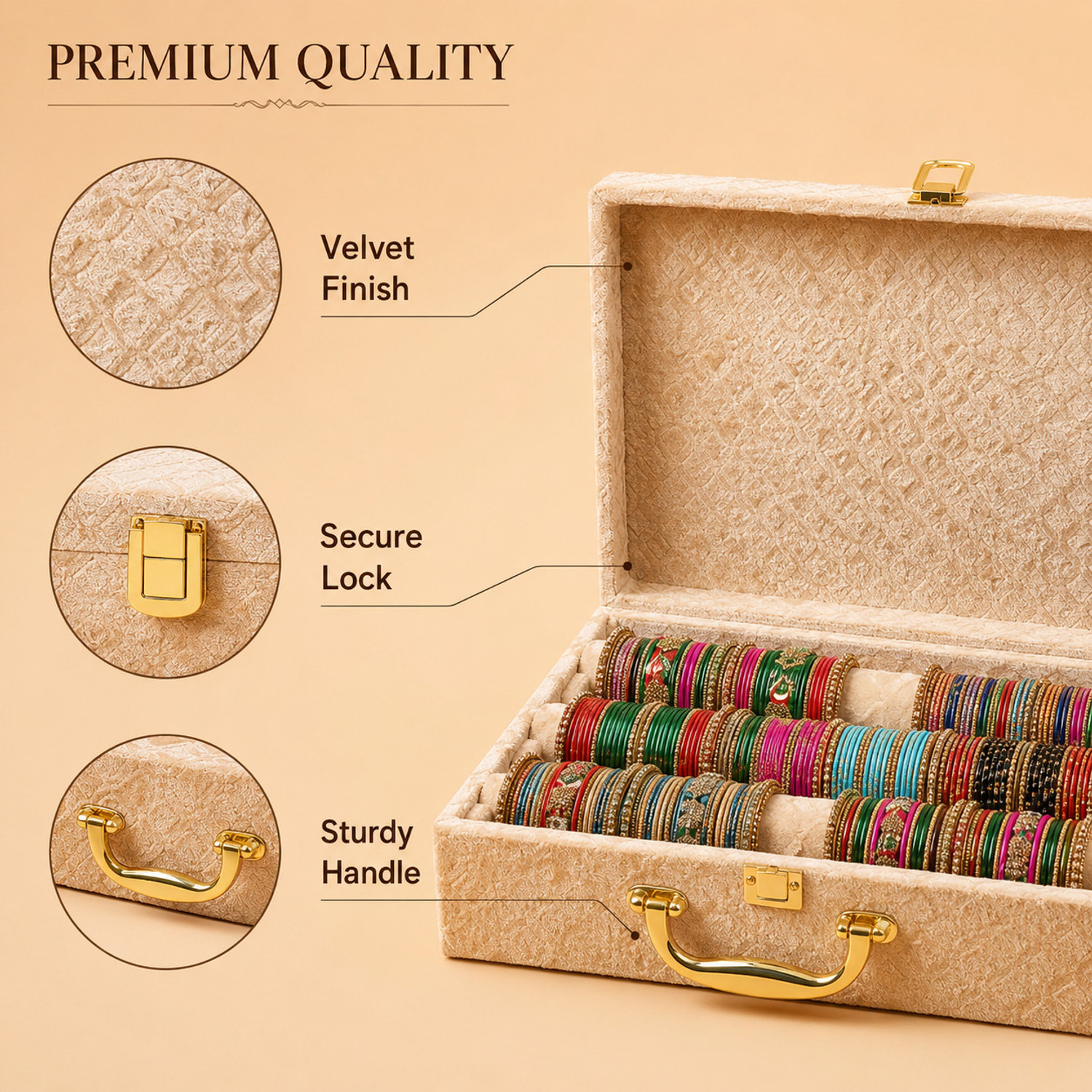 Image of Bubs Spun Premium Velvet Bangle Organizer Box Bangle Storage & Organization, Bangle & Bracelet Organizer, Bridal Bangle Storage Vanity Box (Beige)