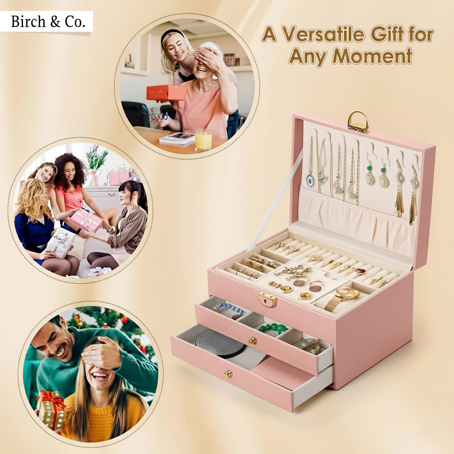 Image of Birch & Co. Jewellery Box-3 Layer organizer, Portable Travel-Friendly Elegant Storage Box Wedding Vanity Box