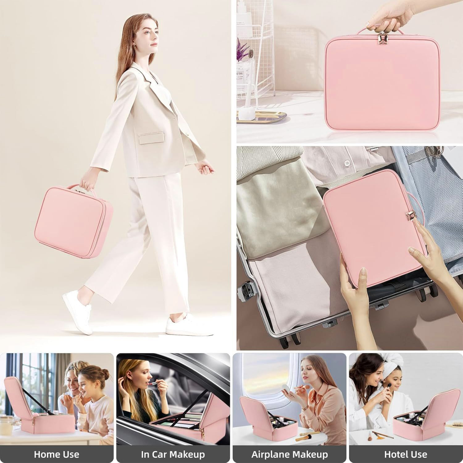 Image of inovera Makeup Organizer Bag - Travel Cosmetic Kit with Mirror & Compartments with Removable 3 LED Lighting Mirror and Adjustable Compartments Travel Toiletry Vanity Box