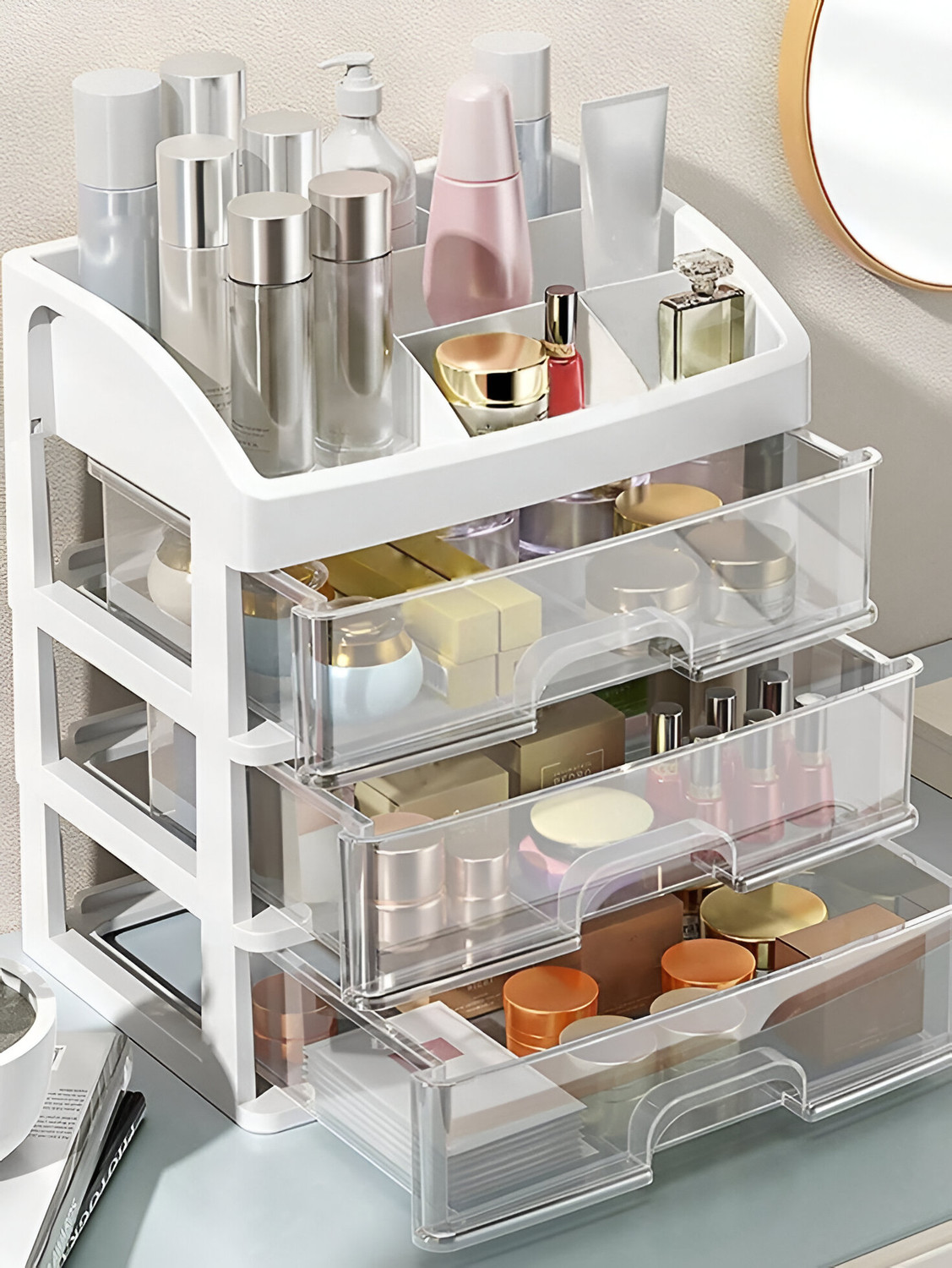 Image of BloomKitchen Cosmetic Organisers | Makeup Box Stand with Drawers | Stylish Storage Solution | Cosmetic Organisers for Skincare, Perfume, Lipsticks & Beauty Essentials Vanity Box (Whie)