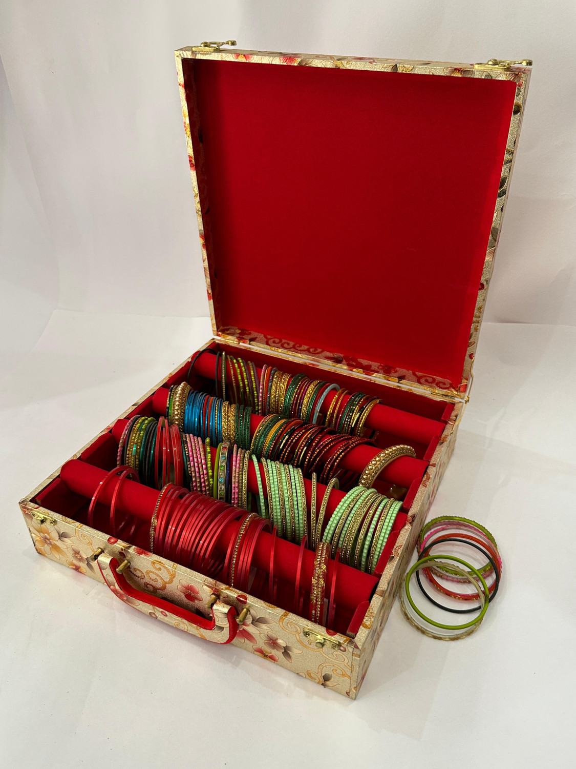 Image of tosim Stylish 4 Rod Bangle Box with Red Velvet Interior Organizer Case for Women Bangle Box, Chudi Box, Jewellery Organizer, Wedding Gift Box, Storage box Lockable Vanity Box