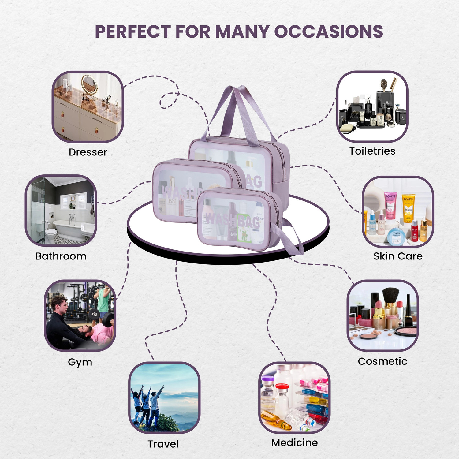 Image of Godadi Wala 3Pcs Washbag Set, Wash Make Up Bag Waterproof Zippered Washbasg Bag, Vanity Box Function refers to the purpose of Vanity Box. Makeup, Makeup and Jewellery, etc. Vanity Box