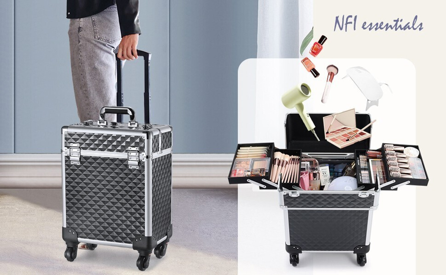 Image of NFI essentials Makeup Train Case Large Cosmetic Trolley Organized Aluminum Barber Case for Hairstylist Makeup Nail Tech Salon with Keys Swivel Wheels Traveling Cart Trunk Makeup Vanity Box