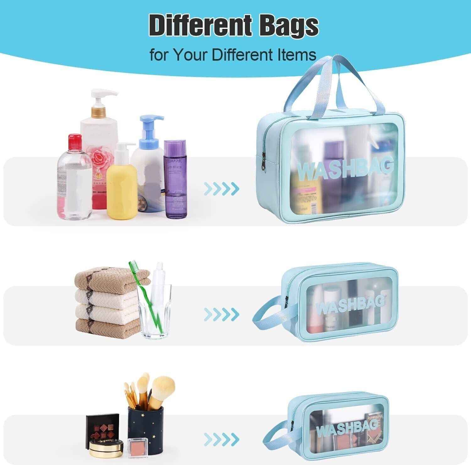 Image of RRK 3-pieces Wash Bag Transparent Cosmetic Bag, Waterproof Makeup Bag Set Function refers to the purpose of Vanity Box. Makeup, Makeup and Jewellery, etc. Vanity Box