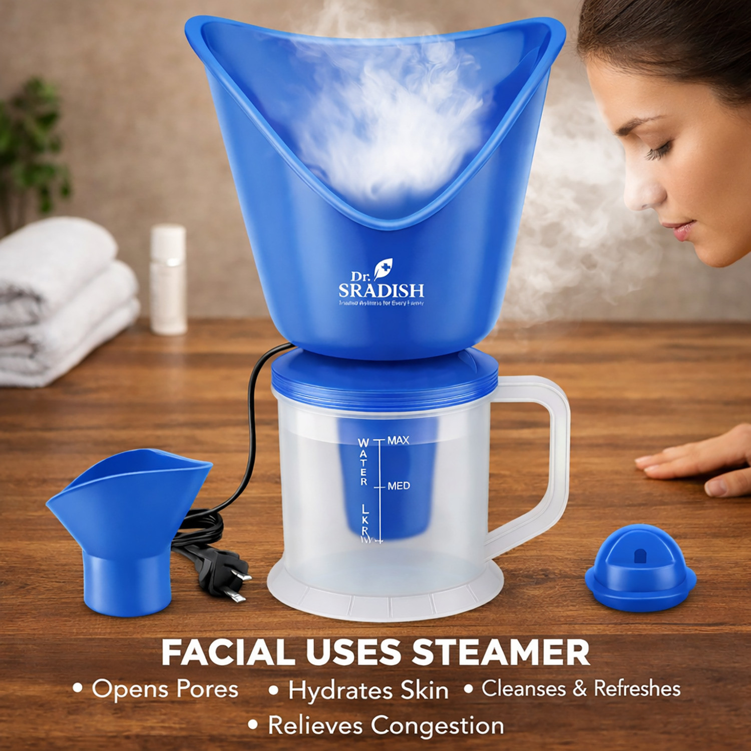 Image of DR. SRADISH 3 in 1 Facial Steamer for Face Nano Ionic Steam Measuring Jar & Nose Attachment Vaporizer