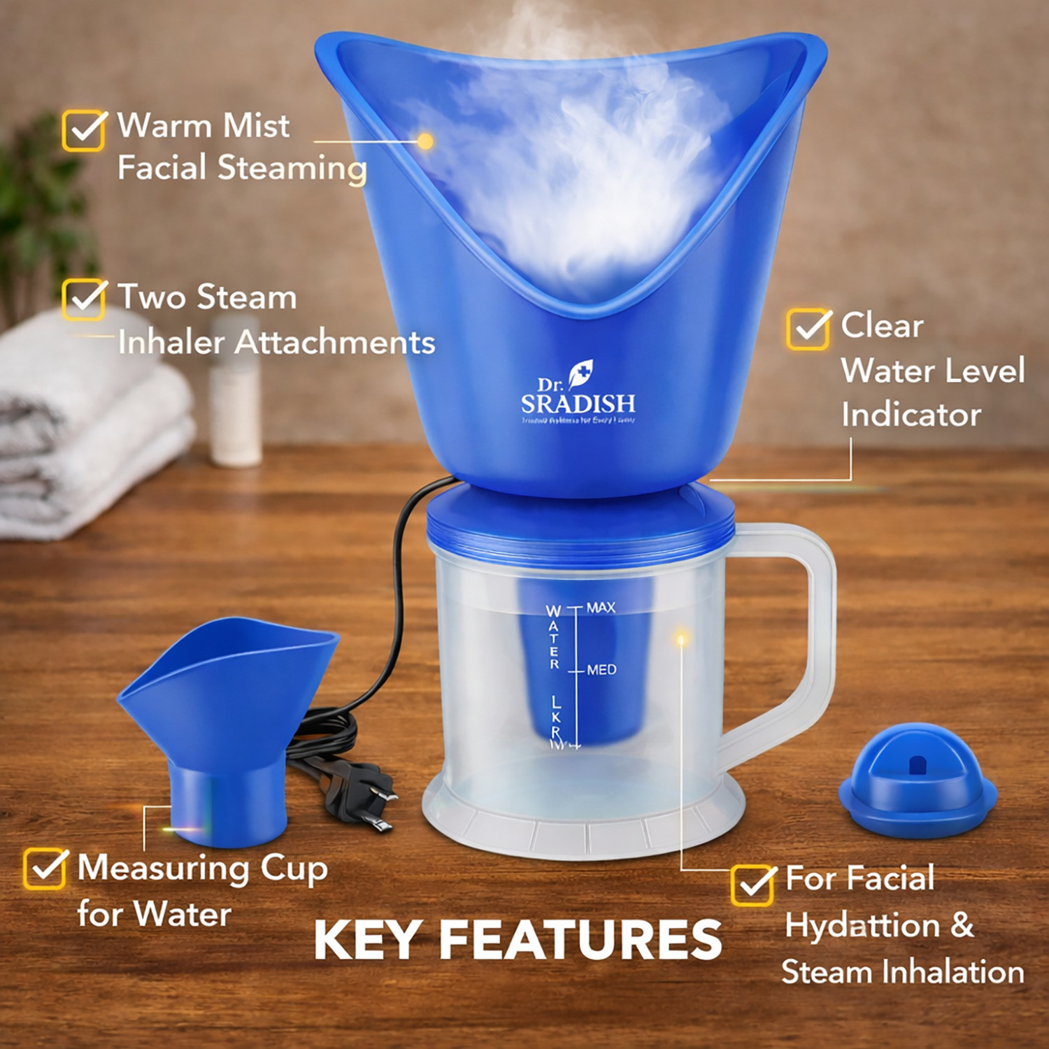 Image of DR. SRADISH 3 in 1 Facial Steamer for Face Nano Ionic Steam Measuring Jar & Nose Attachment Vaporizer