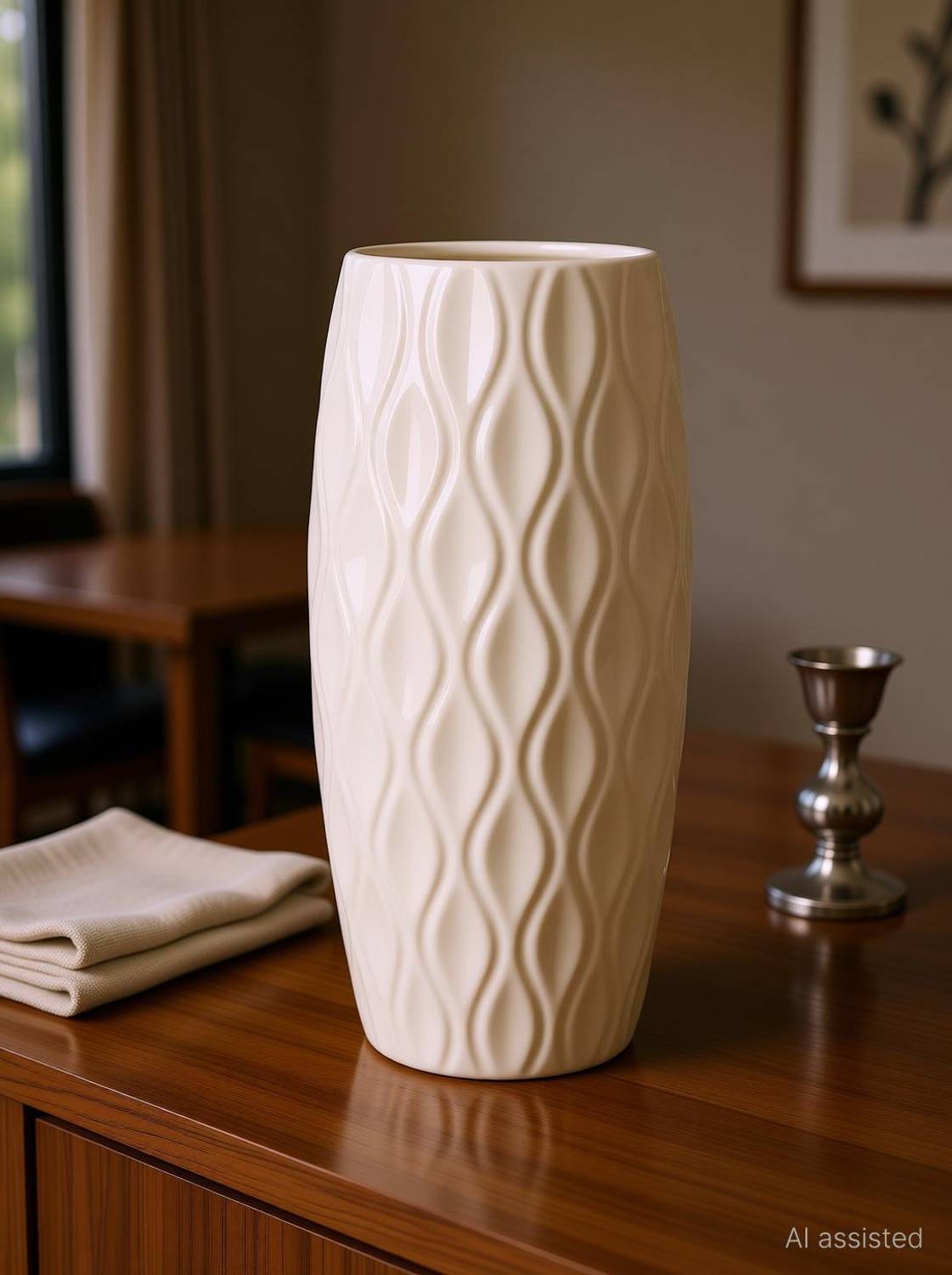 amshus Stylish White Ceramic Flower Vase with Wave Design – Modern Home & Office Décor Ceramic Vase