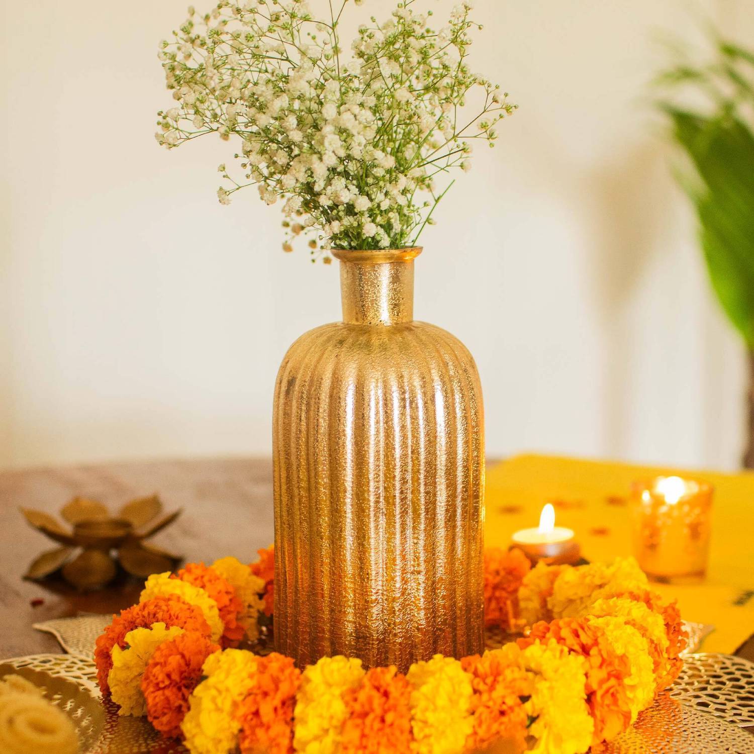 10club Fluted Glass Vase | Metallic Finish - Gold | Home Decor for Flowers Glass Vase