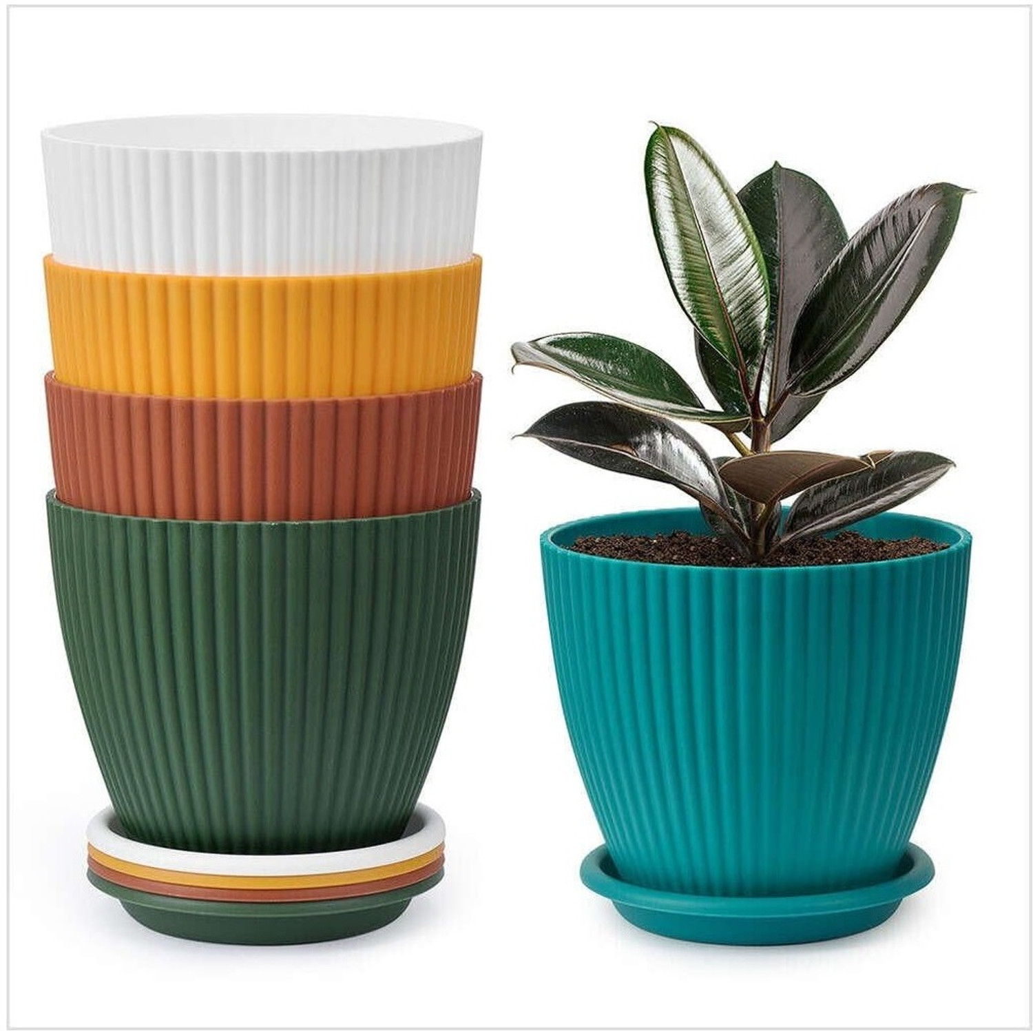 Image of Cloudzy Flower Pot Tulsi Kund with Tray Round Flower Planter Planting Pots [ Pack of 5 ] Plastic Vase
