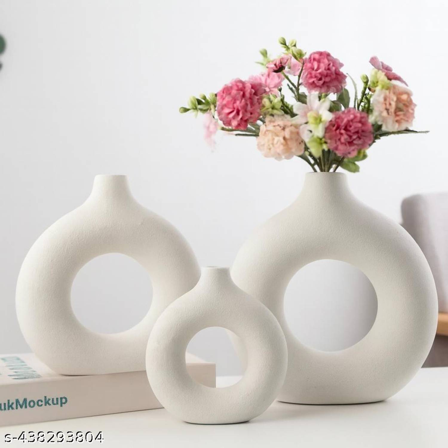 VsCeramics New Elegant Ceramic White Ring Vase (Pack Of 3, White)